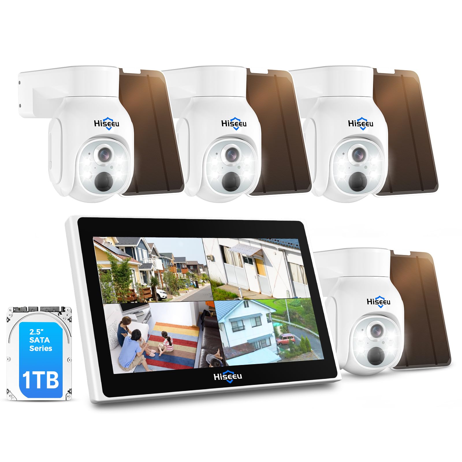 【10 kanałów + 1 TB HDD】 Hiseeu kamera monitoringowa zewnętrzna, zestaw akumulatorowy, 4 x akumulator Wi-Fi, kamery PTZ z kolorowym widokiem nocnym, 2-drożne audio, wykrywanie ruchu PIR, alarm
