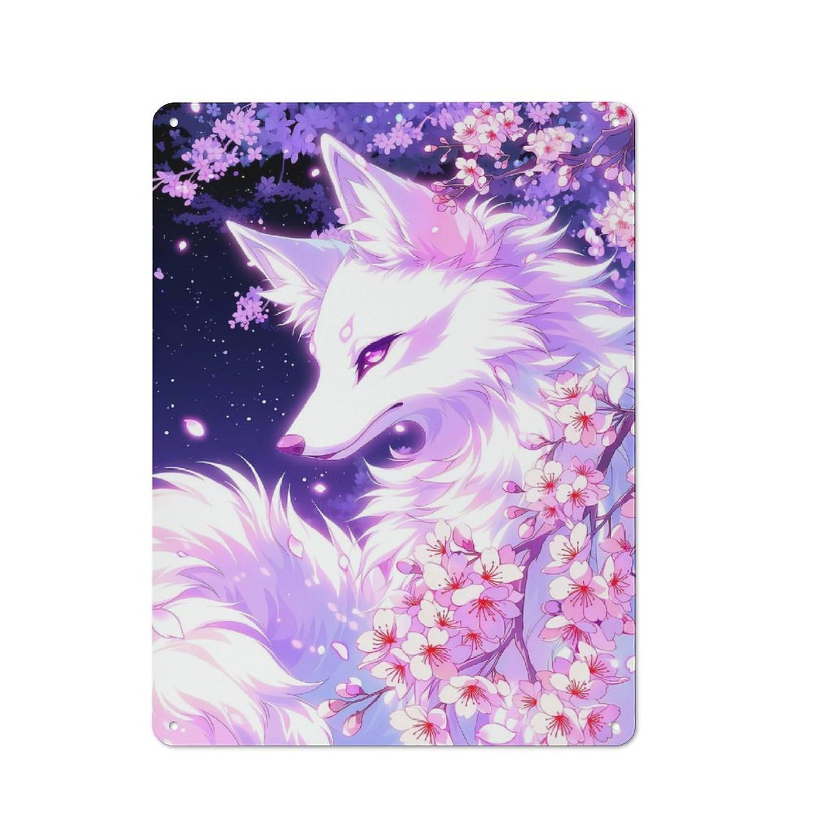 Junmoney Style-24 Tin Wall Plaque 40X30cm With White Fox With Cherry Blossoms For Hallway Wall, Suited To Wall Displays In Hallways And Entrance Areas