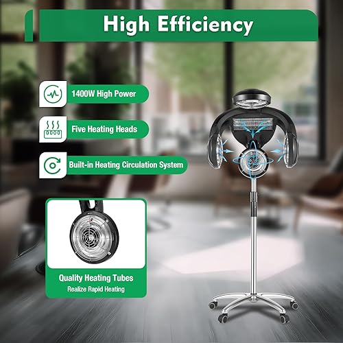 Miniatura 2 de Hair Dryer Hood with 4 Heat Heads, Adjustable Height Salon Stand, Digital Display & Wheels - 110V Professional Hair Processing Machine for Home &