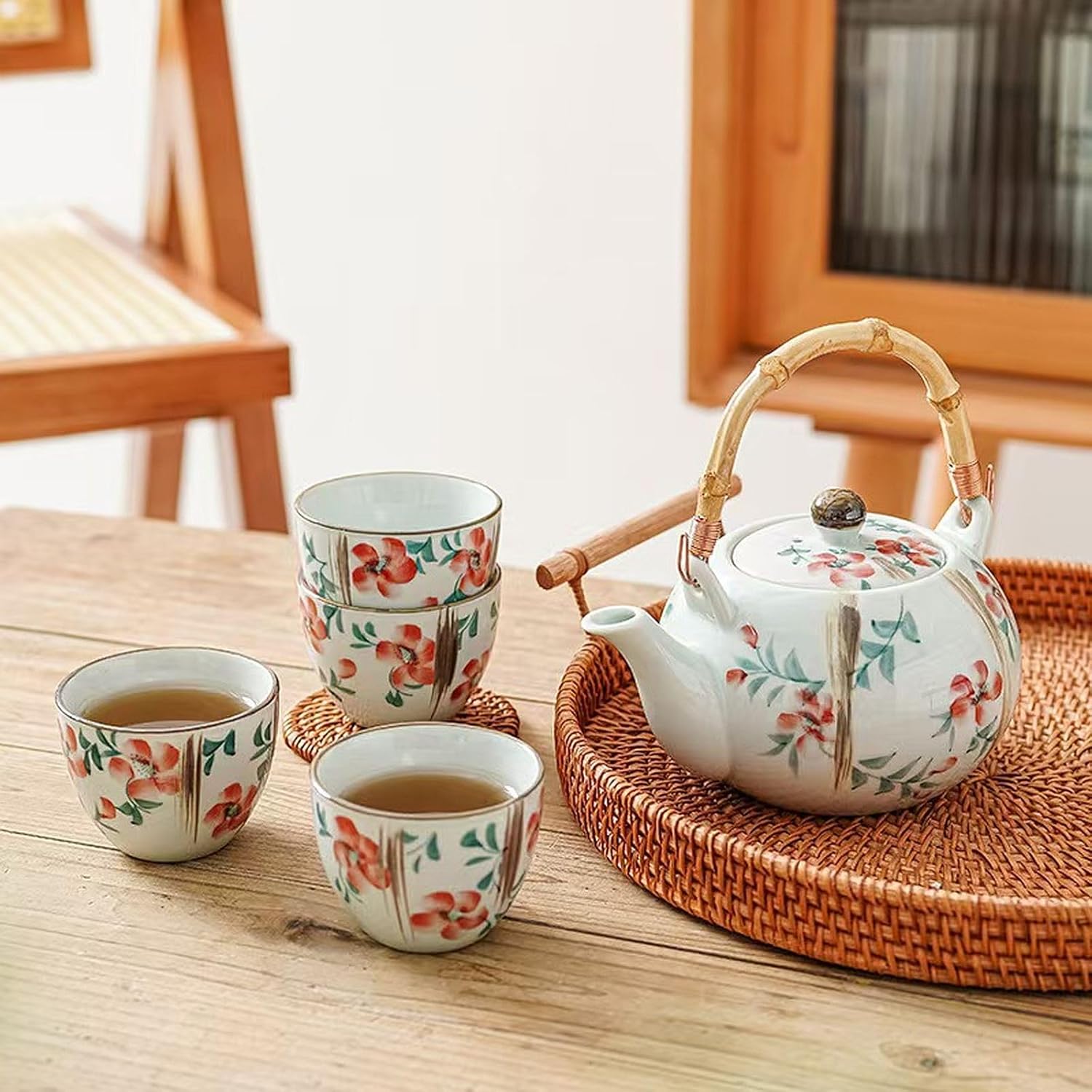 Household Tea Set with Handle, Ceramics Teapot Practical for Home or Office, Gifts Box Suitable for Mother's day, Father's Day, Birthday, Graduation Season (White Plum Blossom)