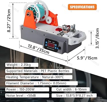 Desktop Filament Maker Machine, 3D Printer Extruder, Plastic Bottle Recycler, PET Strip Cutter for DIY Makers & Small Studios