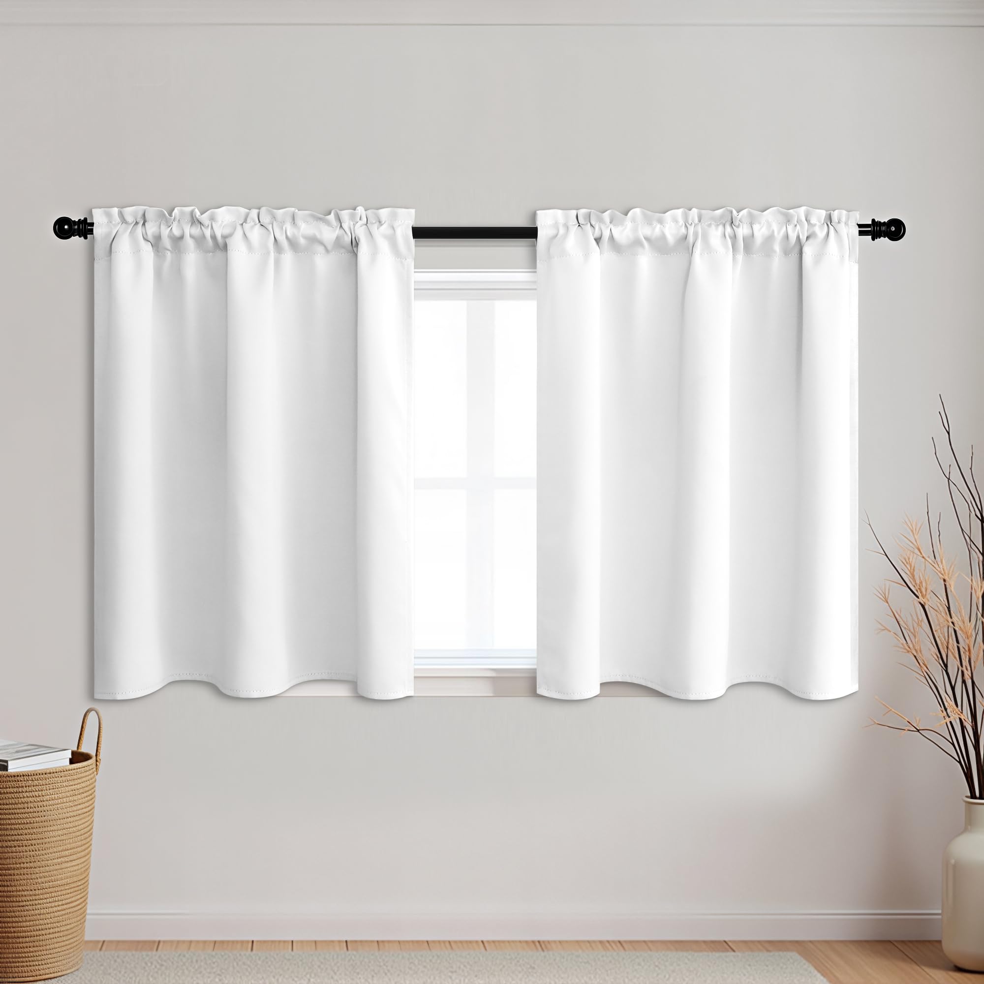 KOUFALL Small Window Curtains White Short 30 Inch Length Semi Blackout for Kitchen Bathroom Door Laundry Room