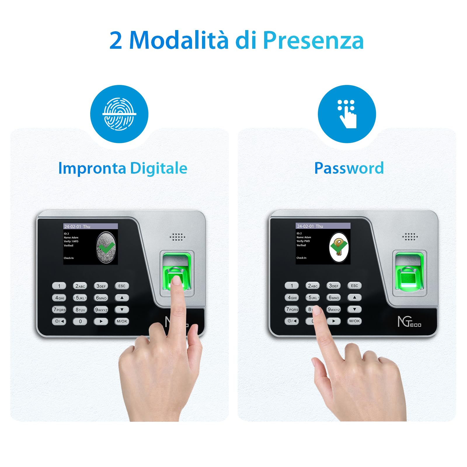 NGTeco Rilevatore Presenze con Modulo di Impronte Digitali, Funzione di Calcolo Automatico, Nessuna Tassa Mensile AS10（Italiano）