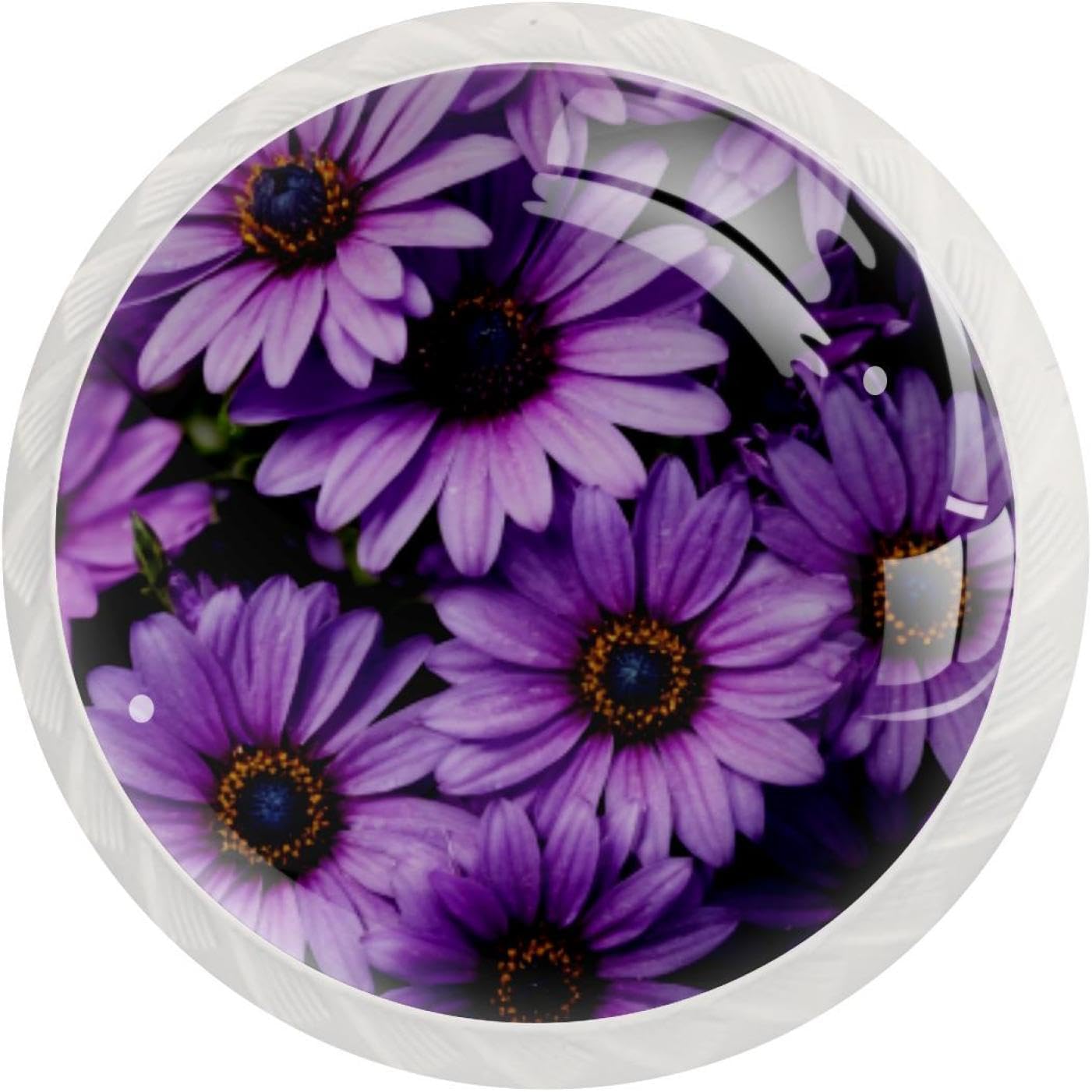 Black Purple Flowers Pattern Drawer Knobs, Decorative Cabinet Hardware for Bathroom Cabinet, Sturdy Glass Knobs with Screws