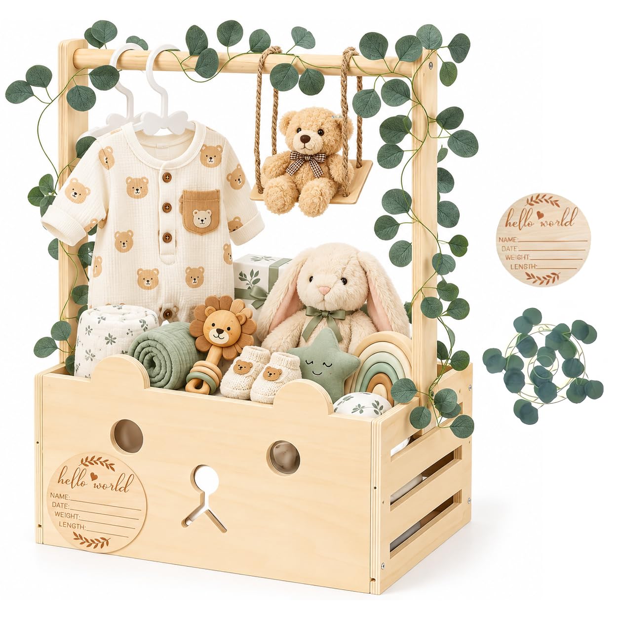 XQLY Wooden Shower Crate Closet, Bear Shape Baskets with Small Swing