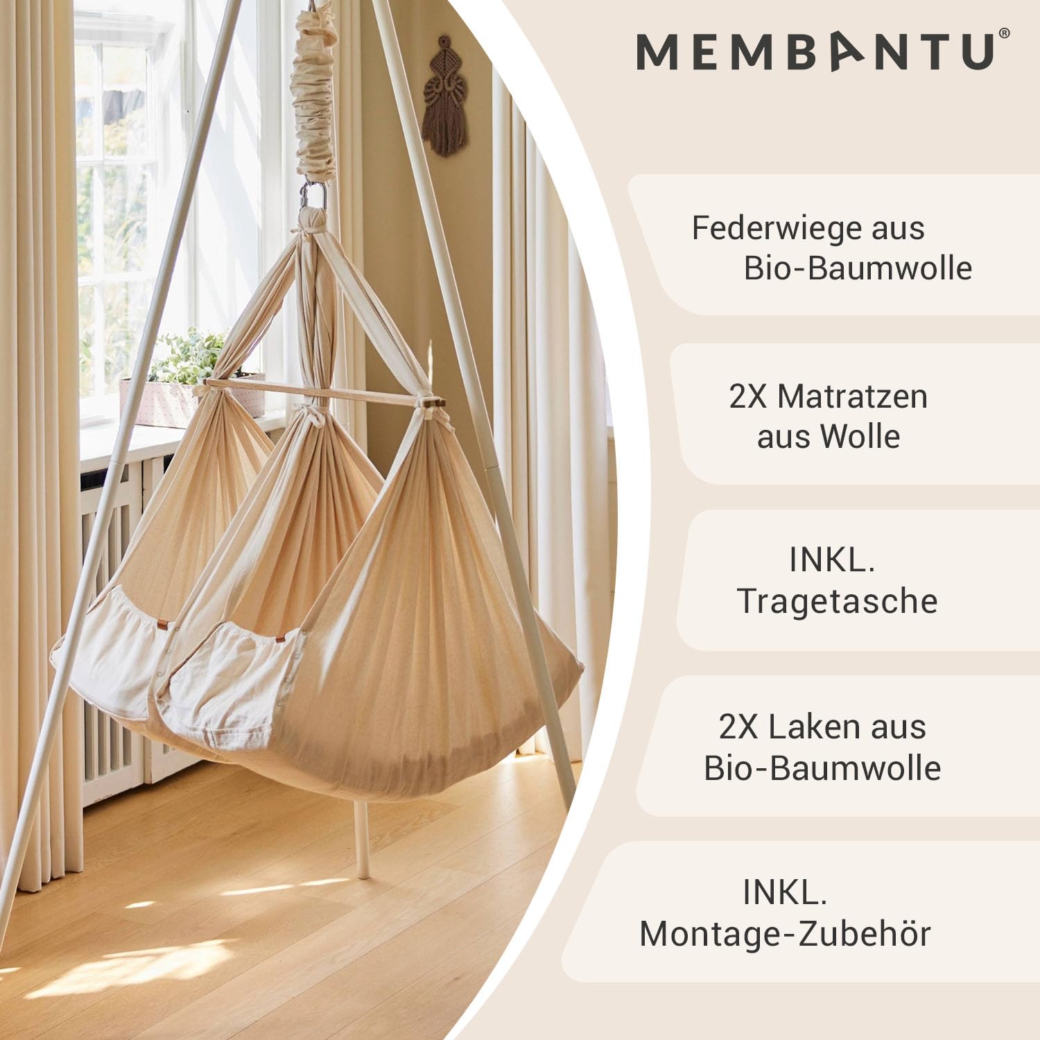 Federwiege Baby für Zwillinge - Baby-Wiege aus Bio-Baumwolle - Baby-Hängematte inkl. Feder - Baby-Stoffschaukel Plus Matratze und Baldachin - Baby-Hammock bis max. 15 kg - Natur
