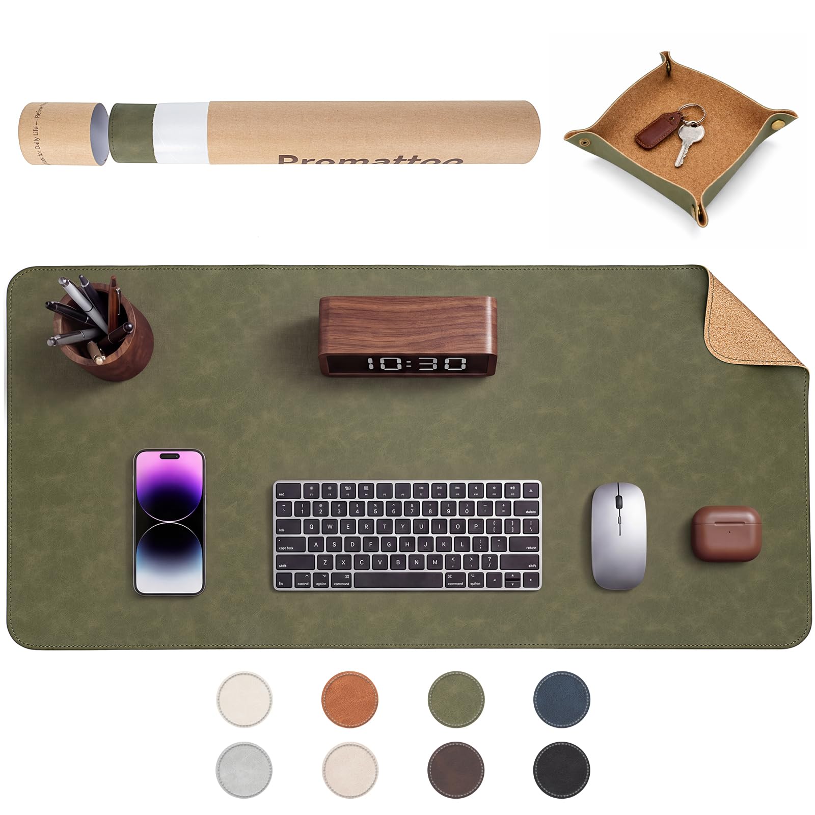 PROMATTOO Faux Leather Desk Mat with Valet Tray, Non-Slip Waterproof Desk Pad, Cork-Effect Printed Backing, Desk Protector with Gift Tube for Office & Home(Olive Green)
