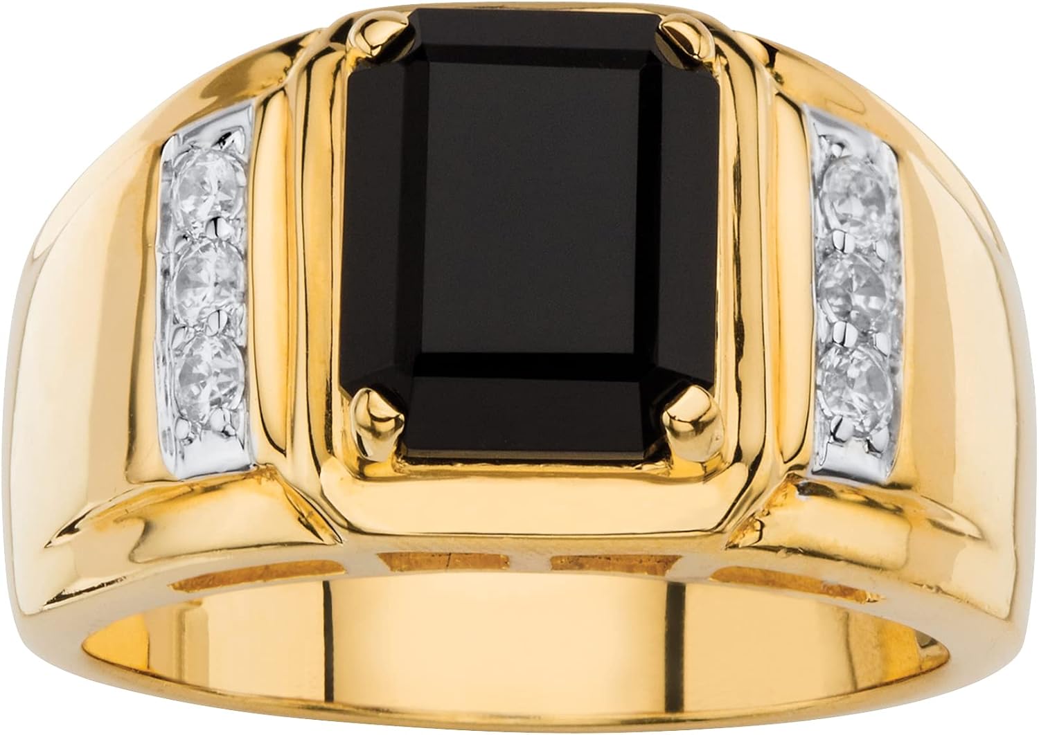 Men's Yellow Gold-plated Emerald Cut Natural Black Onyx and Diamond Accent Ring Sizes 8-16