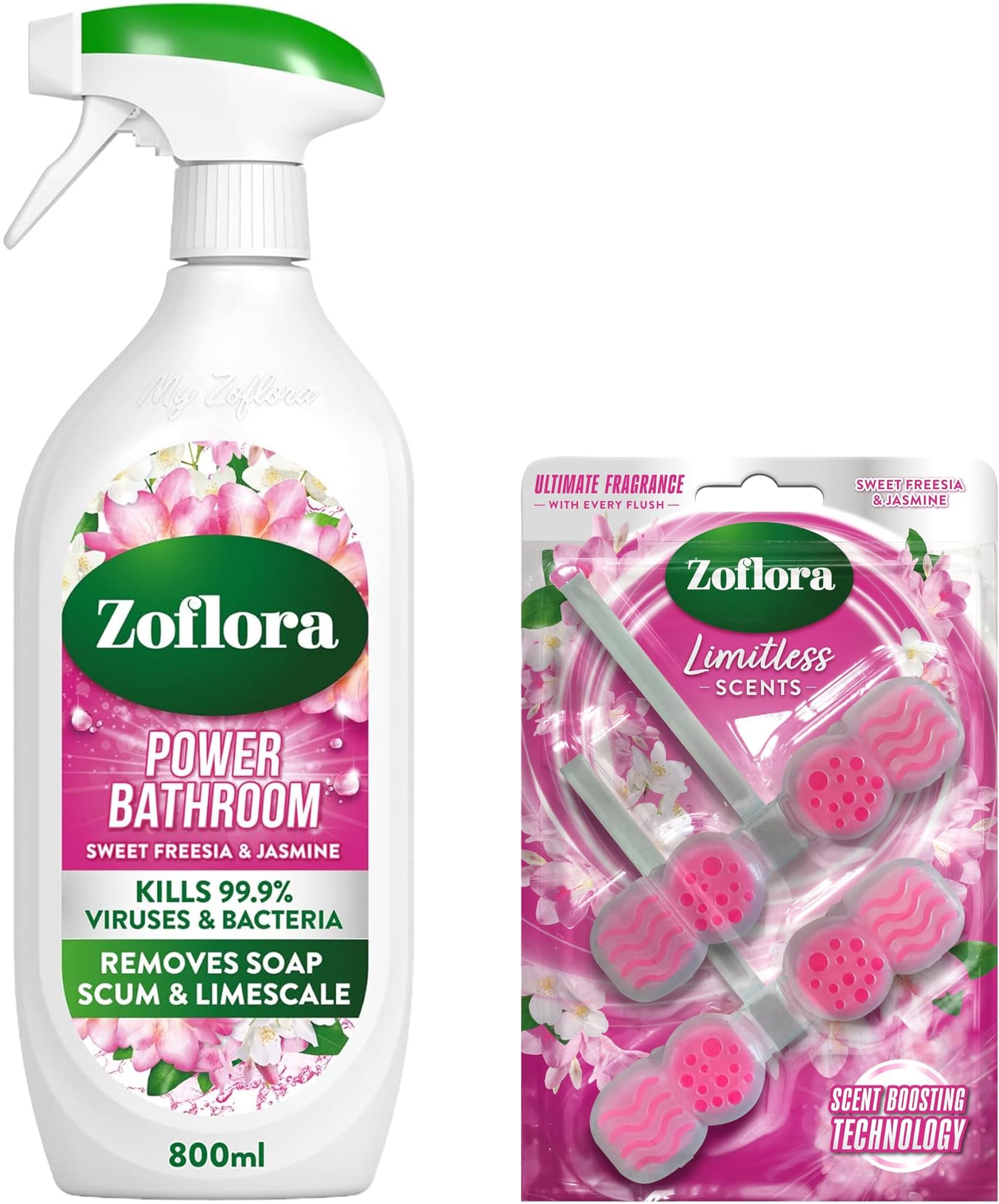 Zoflora Sweet Freesia & Jasmine Bundle - Power Bathroom Cleaner 800 ml & Rim Blocks, 2 x 131g Pack