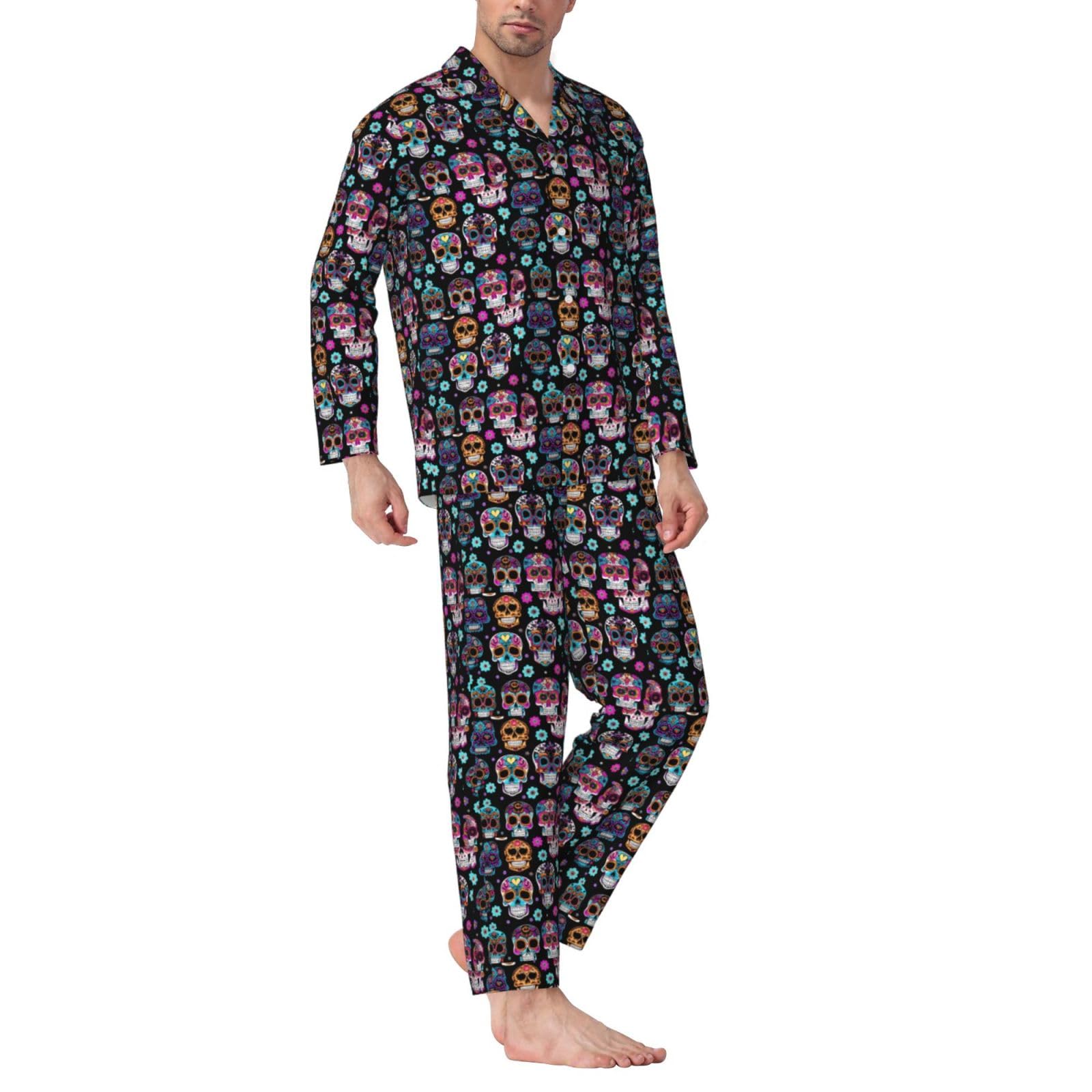 Herren-Pyjama-Set mit Totenkopf-Aufdruck, langärmelig, zweiteilig, Hauskleidung, bequeme Nachtwäsche