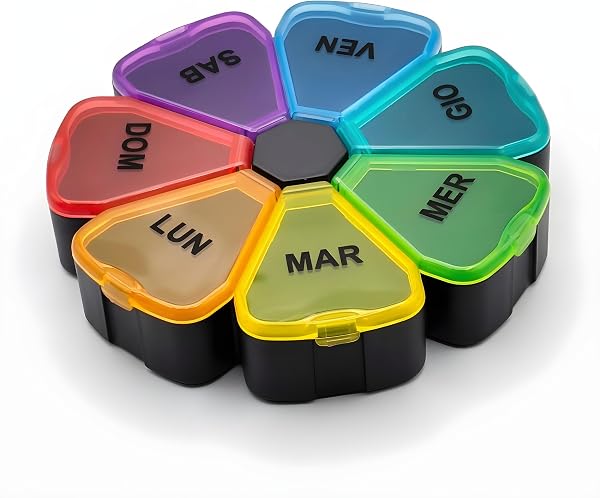 Portapillole Settimanale 7 Scomparti Rotondo Grande 12 cm - con Scritte in Italiano per Pillole e Integratori – Nuovo Modello con Cerniere Rinforzate e Giorni Colorati – Organizer Compatto e Pratico - 4