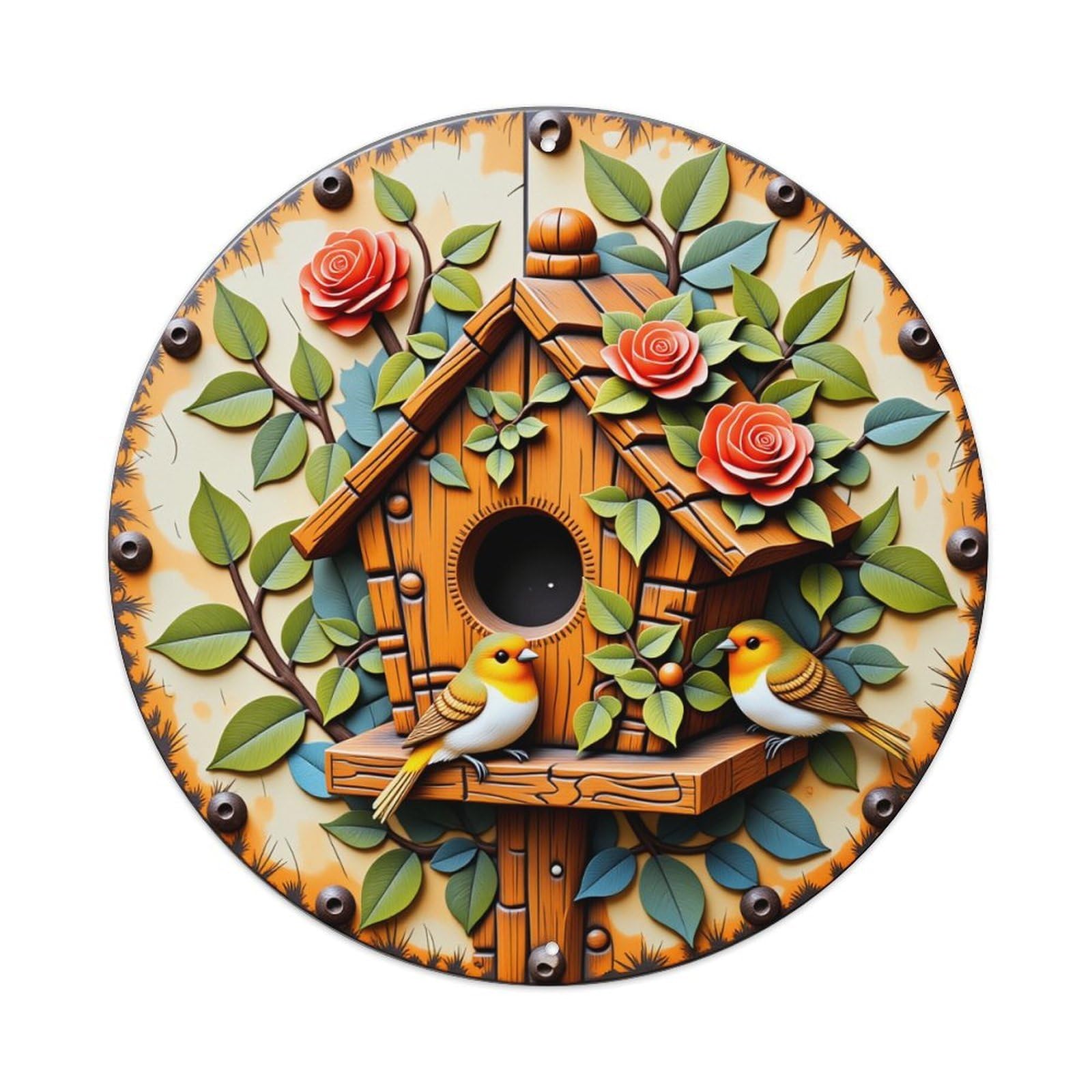 Birdhouse With Roses And Birds Round Tin Sign Vintage Metal Sign Home Bar Garden Indoor & Outdoor Wall Decor Retro Metal Poster 8x8 Inch