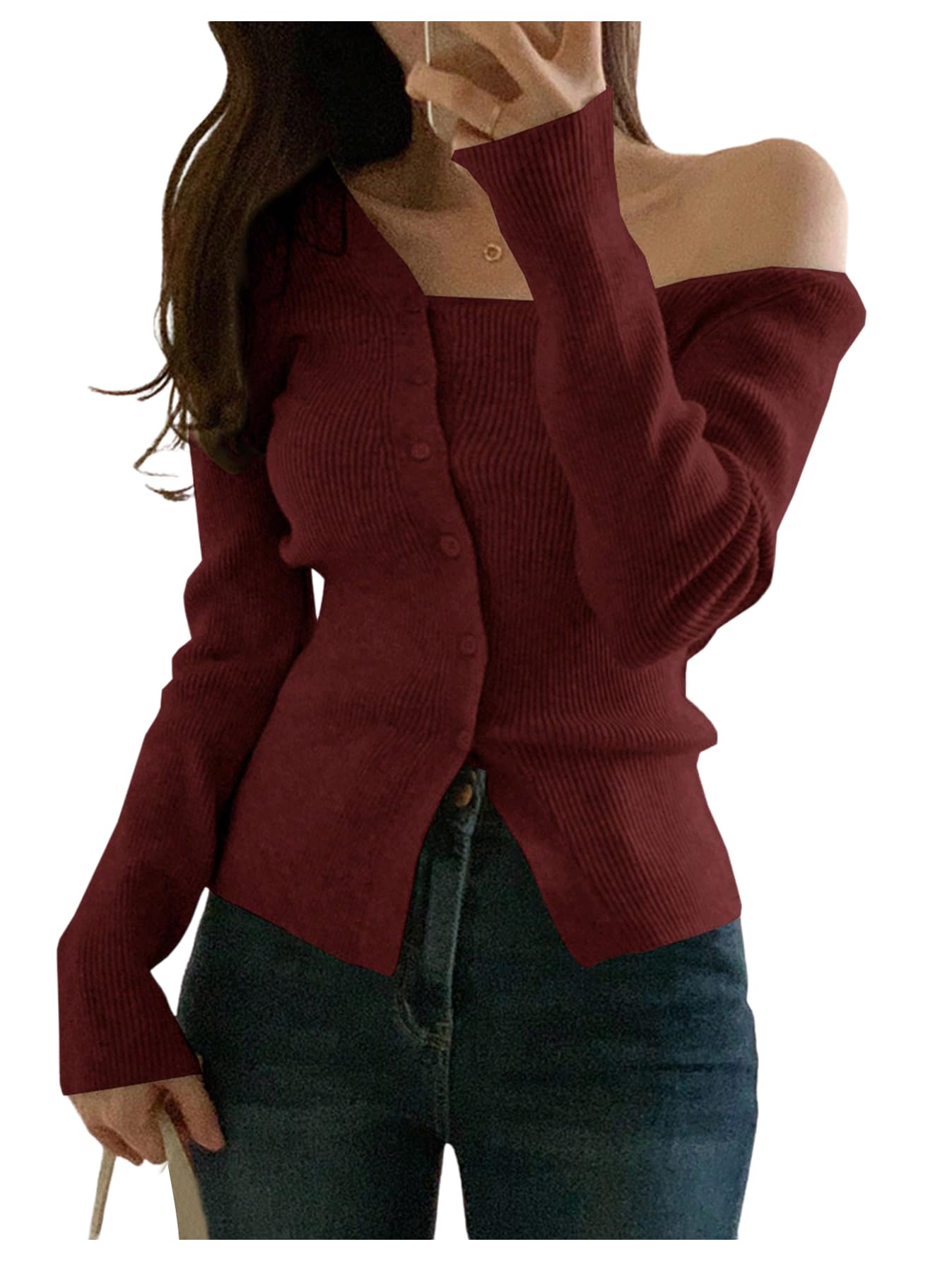GORGLITTER Womens Off The Shoulder Sweater Cozy Fall Fashion 2025 Button Up Lightweight Trendy Long Sleeve Sweaters