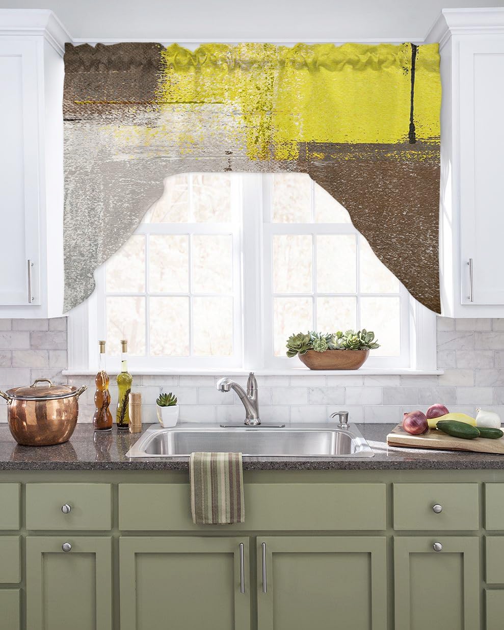 Jolunifun Modern Yellow Swag Valance Kitchen Curtains, Rod