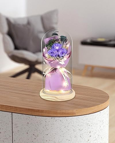 Miniatura 7 de HVY Flores preservadas, regalos de rosas para ella, ramo de rosas iluminadas en cúpula de cristal, regalos para el día de San Valentín, día de la