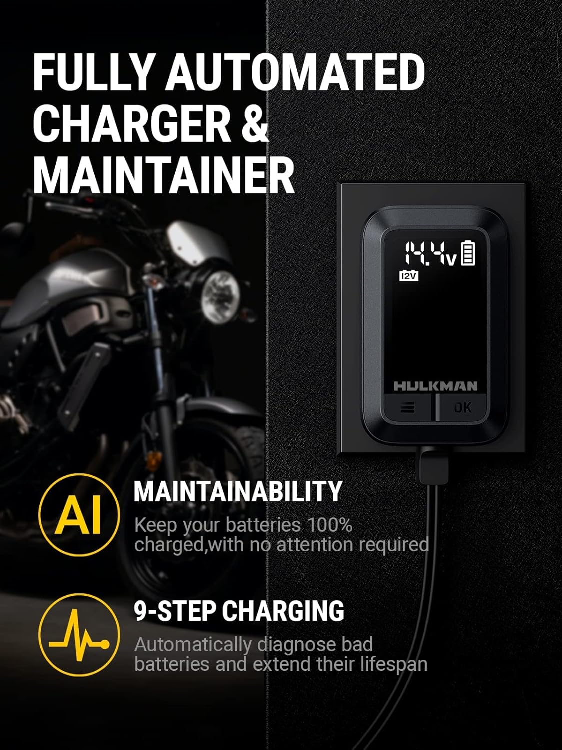 HULKMAN Sigma 1 Car Battery Charger - 1A 6V/12V Automatic Smart Trickle Charger, Battery Maintainer, and Desulfator with Intelligent Interface