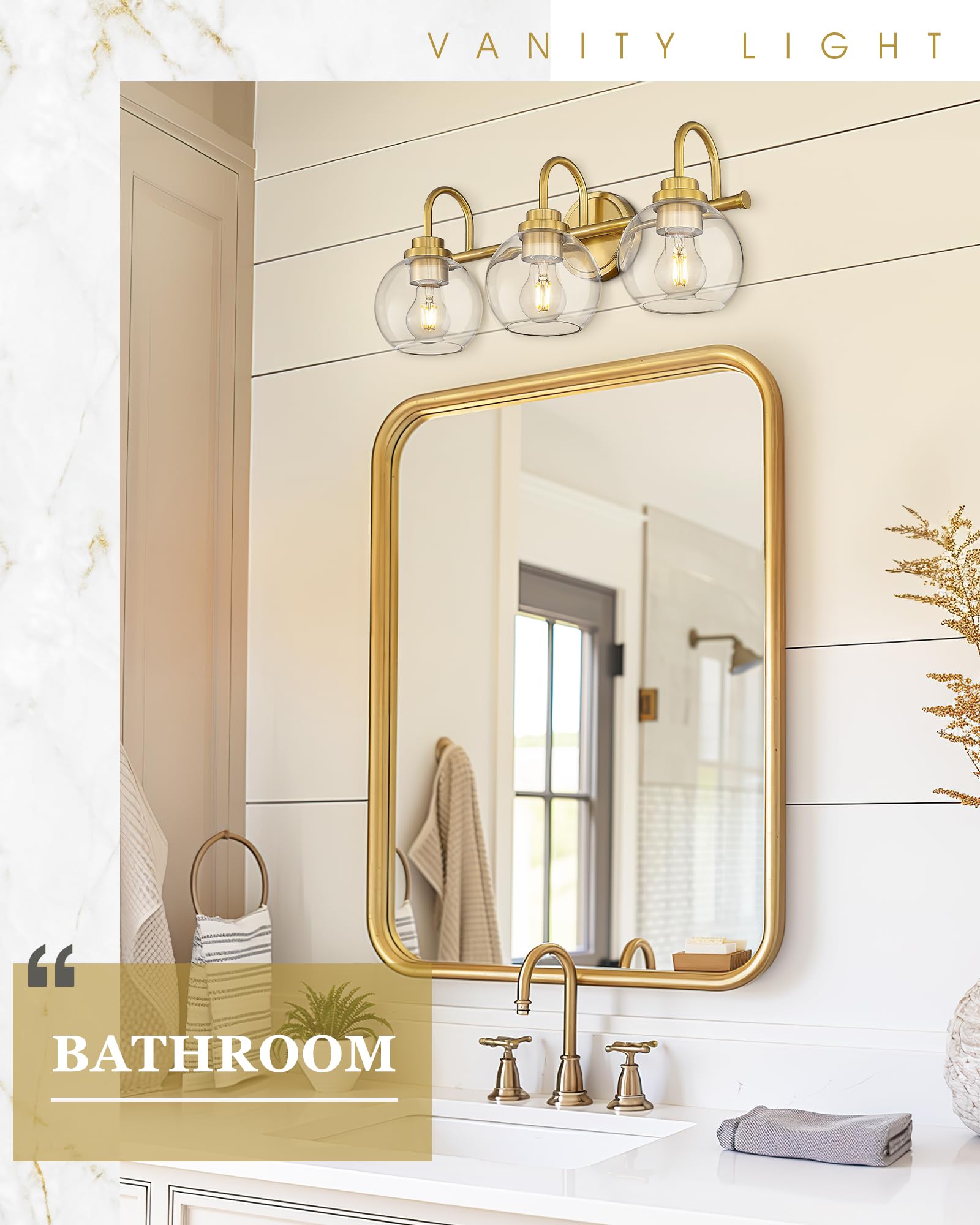 Badezimmer-Beleuchtung, 3 Leuchten, goldfarben, gebürstet mit Klarglaskugel, Champagner-Bronze, Waschtischbeleuchtung über Spiegel, AD-22280-3W-GD