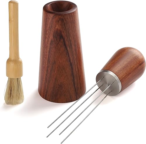 Accesorios para agitador de café expreso, herramienta de agitación de café, mango de madera natural y distribuidor de agujas con soporte base para