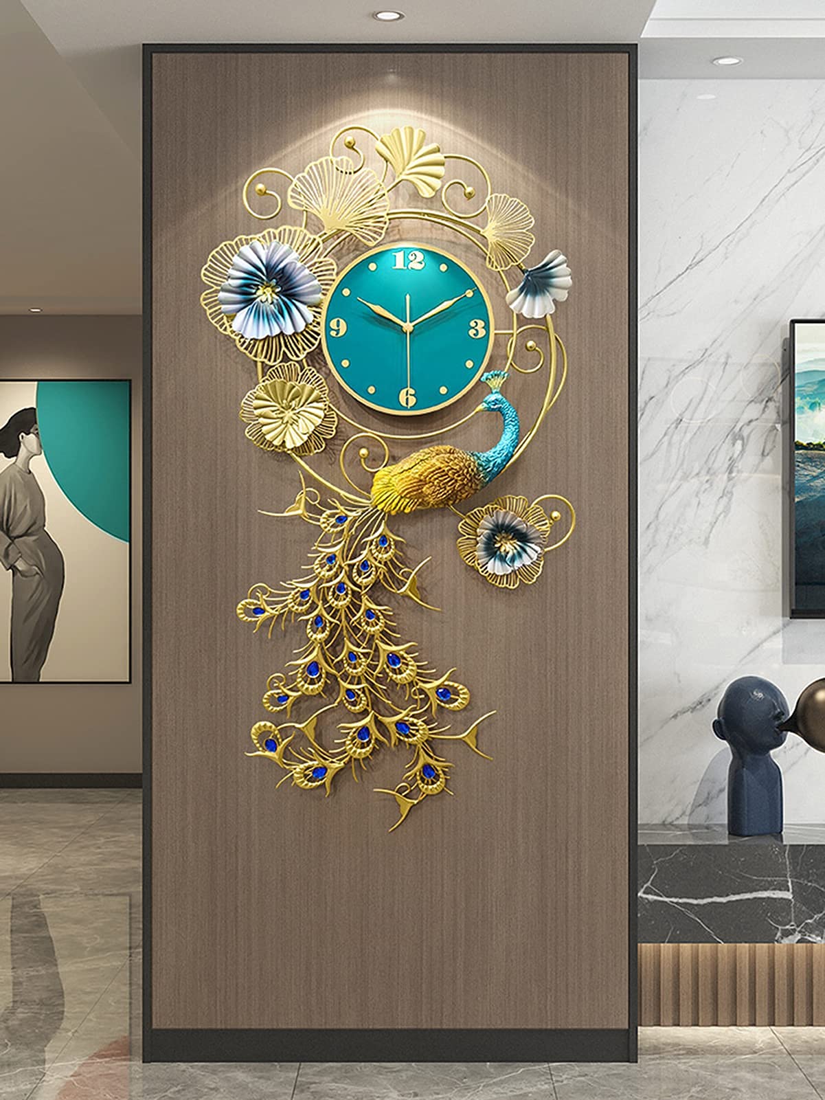 SaryEdge 3D Metal Peacock Wall Clock, Luxury Crystal Style Decorative Clocks for Living Room, Operated Non Ticking Art Wall Clock,