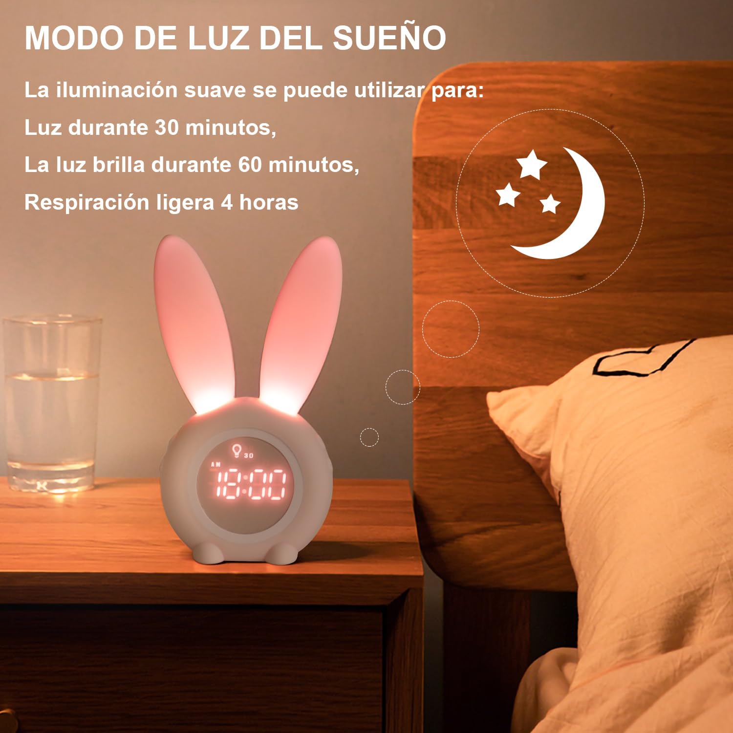Reloj Despertador conejo Rabbit Clock, Conejito Lindo Dormitorio de Noche con lámpara de luz Nocturna + 6 música Interesante + Función de Cuenta Regresiva, Despertador infantil niña Estudiantes Rosa