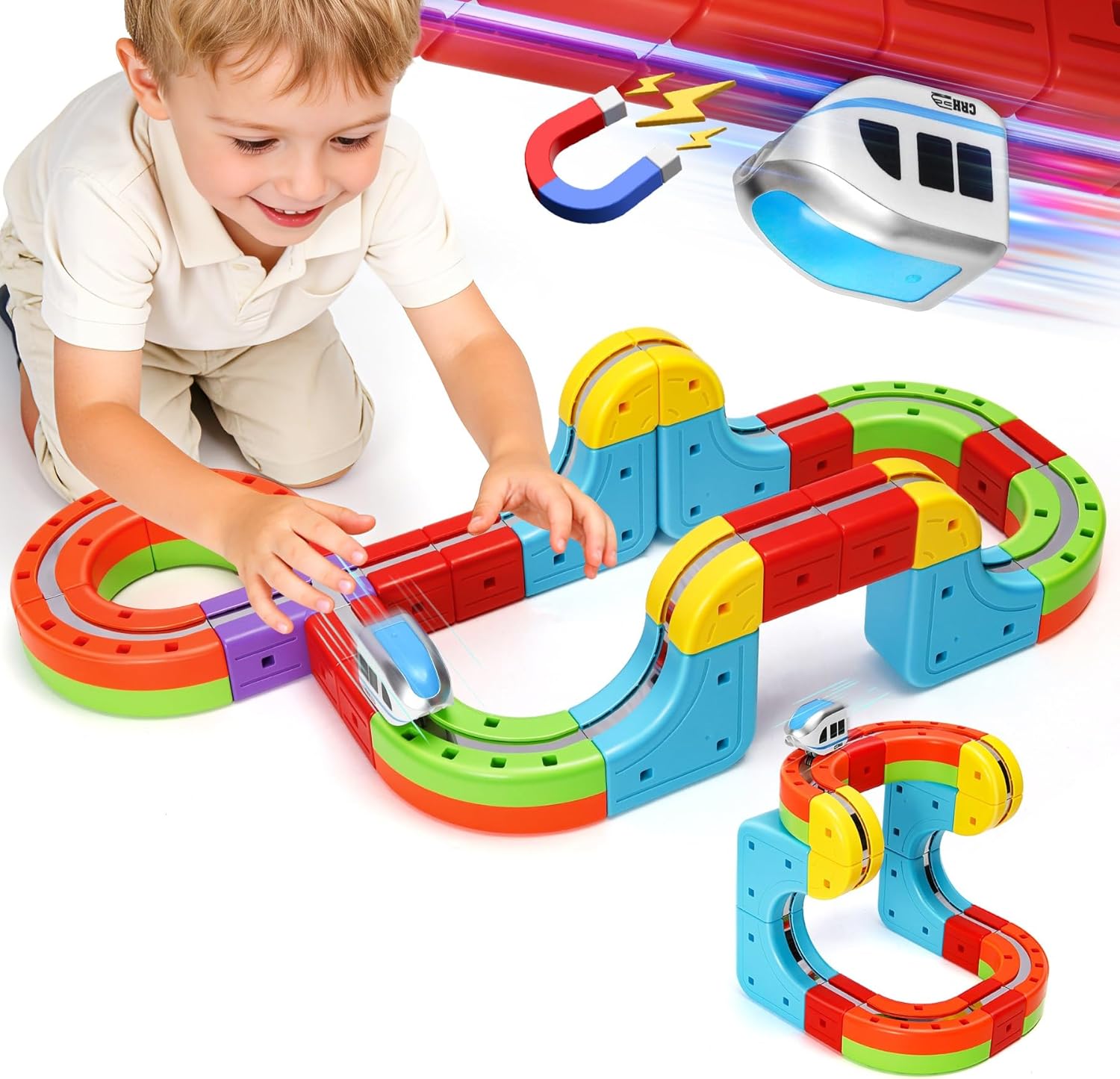 Hestiasko Magnetic Train Set for Kids, 3D Electric Train Set with Motorized Train, Modular DIY Building Track Toy with Vertical Climb & Upside Down Action, Easter Baskets Gift for Boys Girls Ages 3+