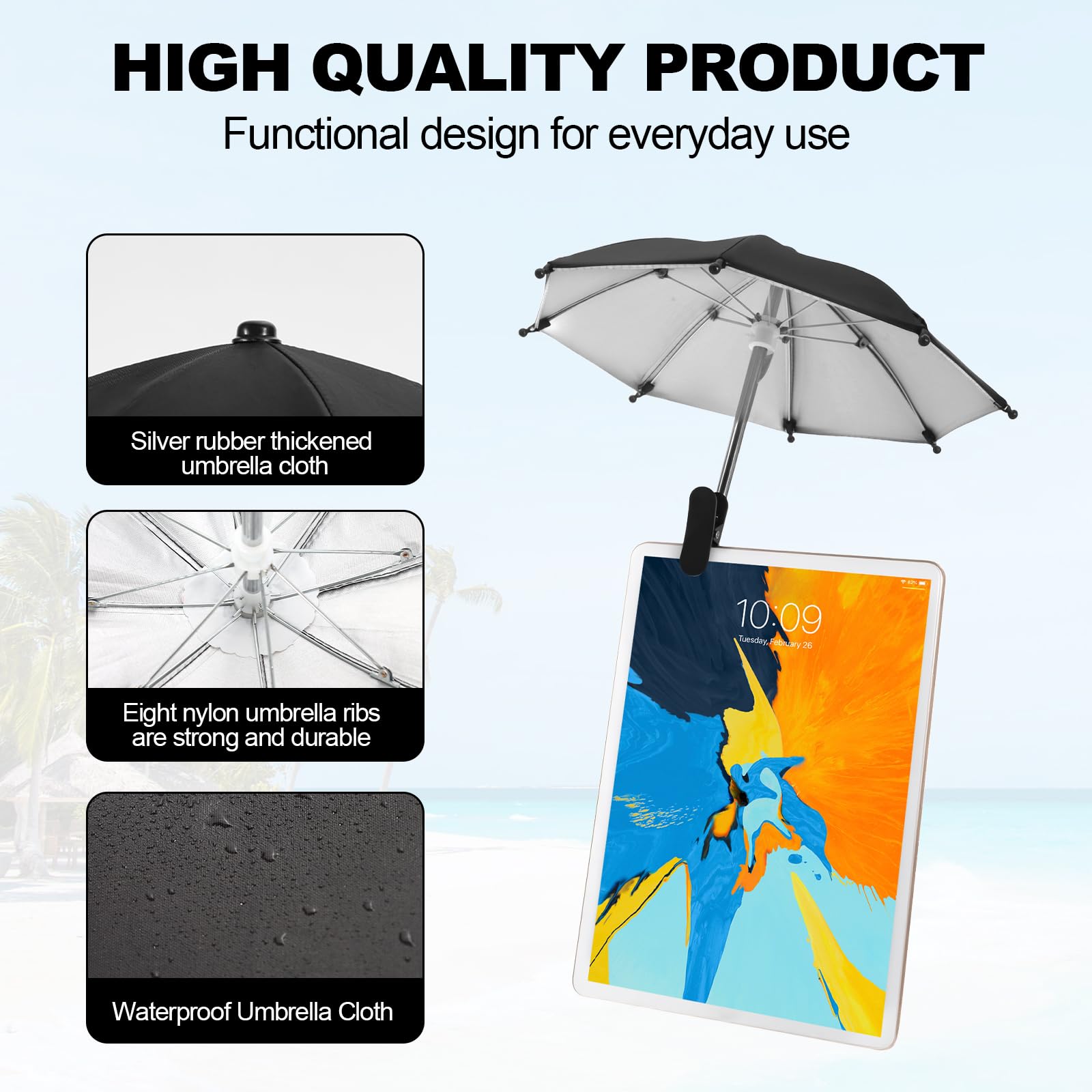 Regenschirm-Sonnenschutz, kompatibel mit iPad, für Arbeiten im Freien, Regenschirm kompatibel mit iPad, entspiegelt, schwarz, tragbarer Clip, 1 Stück
