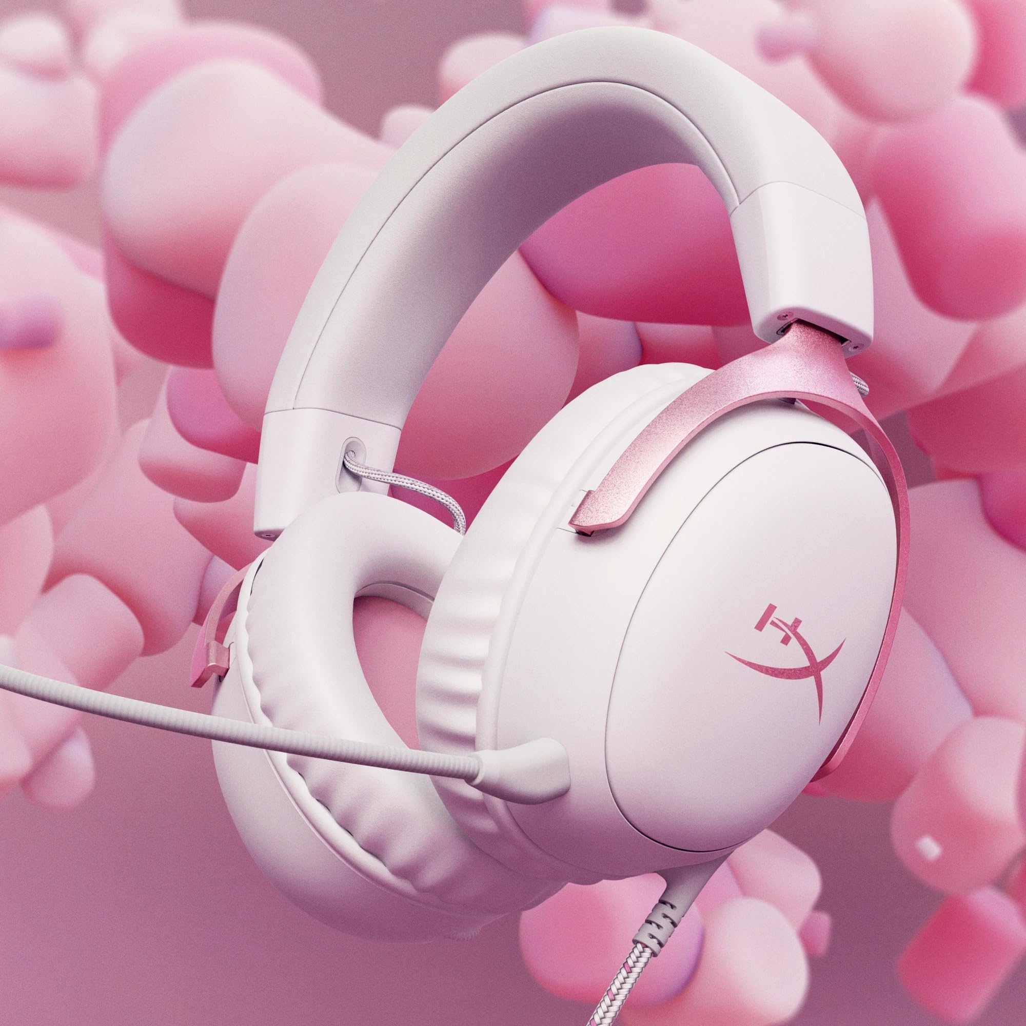 HyperX Cloud III, Casque Gaming Filaire, PC/PS5/Xbox Series X|S, DTS Headphone:X, Haut parleurs inclinés 53 mm, Micro 10 mm antibruit, USB-C/USB-A/3,5 mm, Blanc et Rose