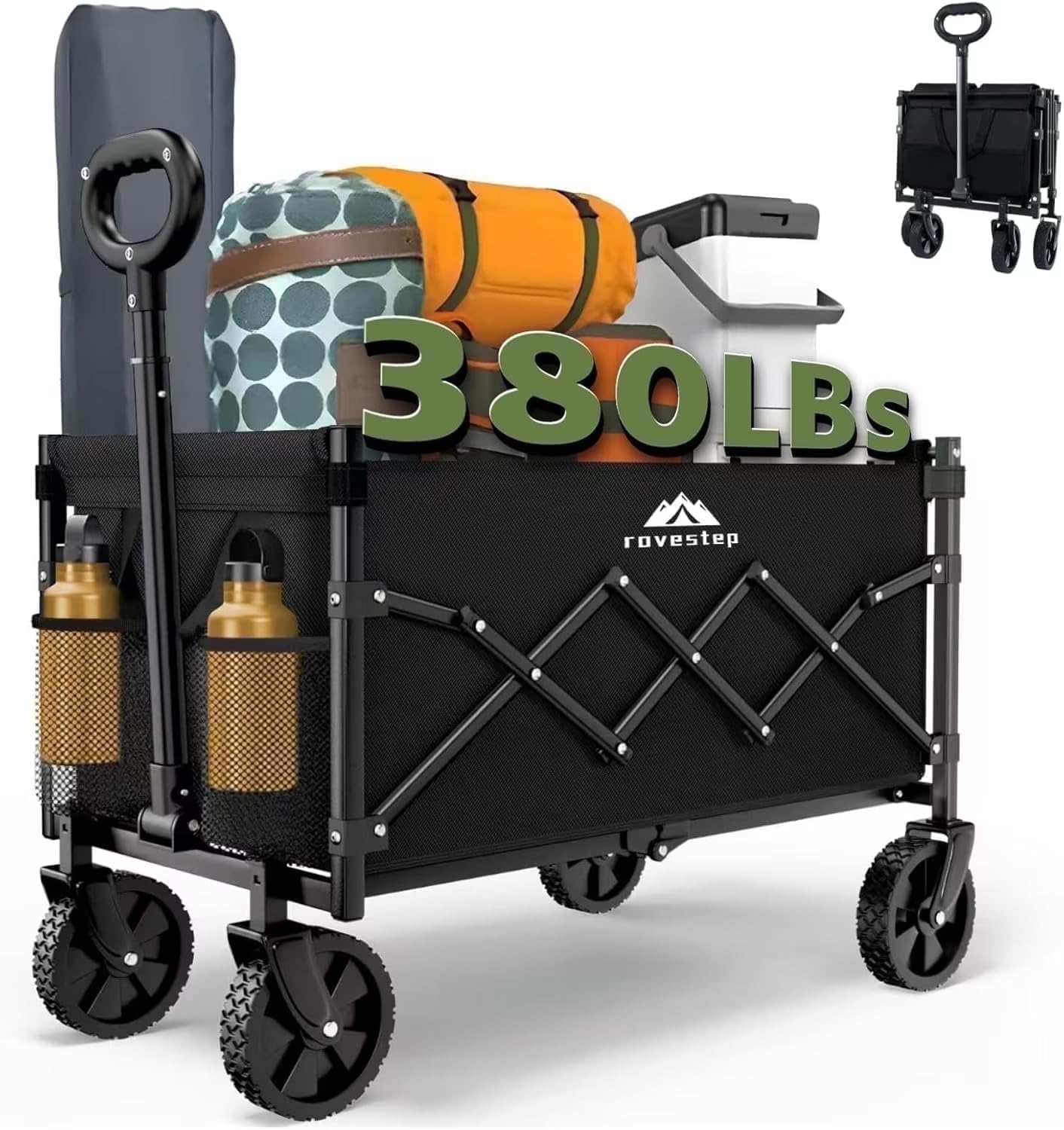 Max Collapsible Folding Wagon - Heavy Duty Utility Cart, 65L Capacity, 380 lbs Load, All-Terrain Wheels, Compact Fold for Camping, Garden, Beach, Shopping (Black)