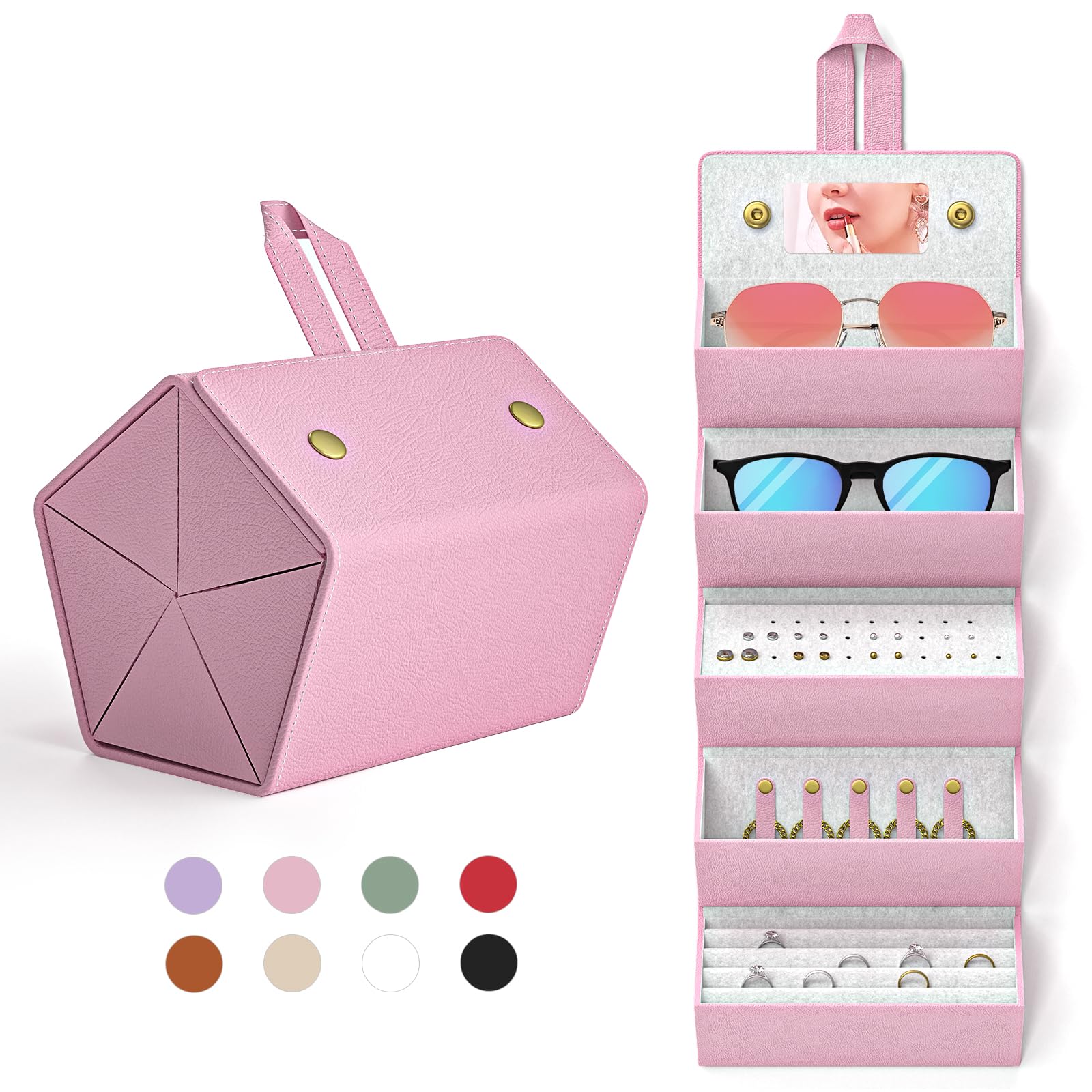 NPOOYI Travel Case for Sunlgasses and Jewelry, Foldable Jewelry Case Eye Glasses Organizer, Hanging Loop, Interior Mirror