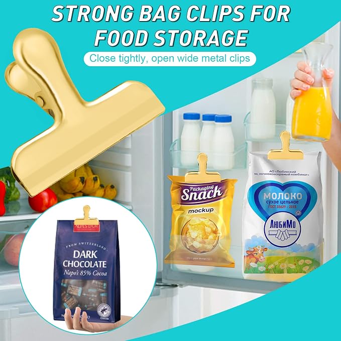 Funfery 8 Pack 3 Inch Stainless Steel Gold Chip Clips Bag Clips Large Clip for Food Packages,Strong Kitchen Food Clip for Snack,Chips,Home&Office Paper Heavy Duty