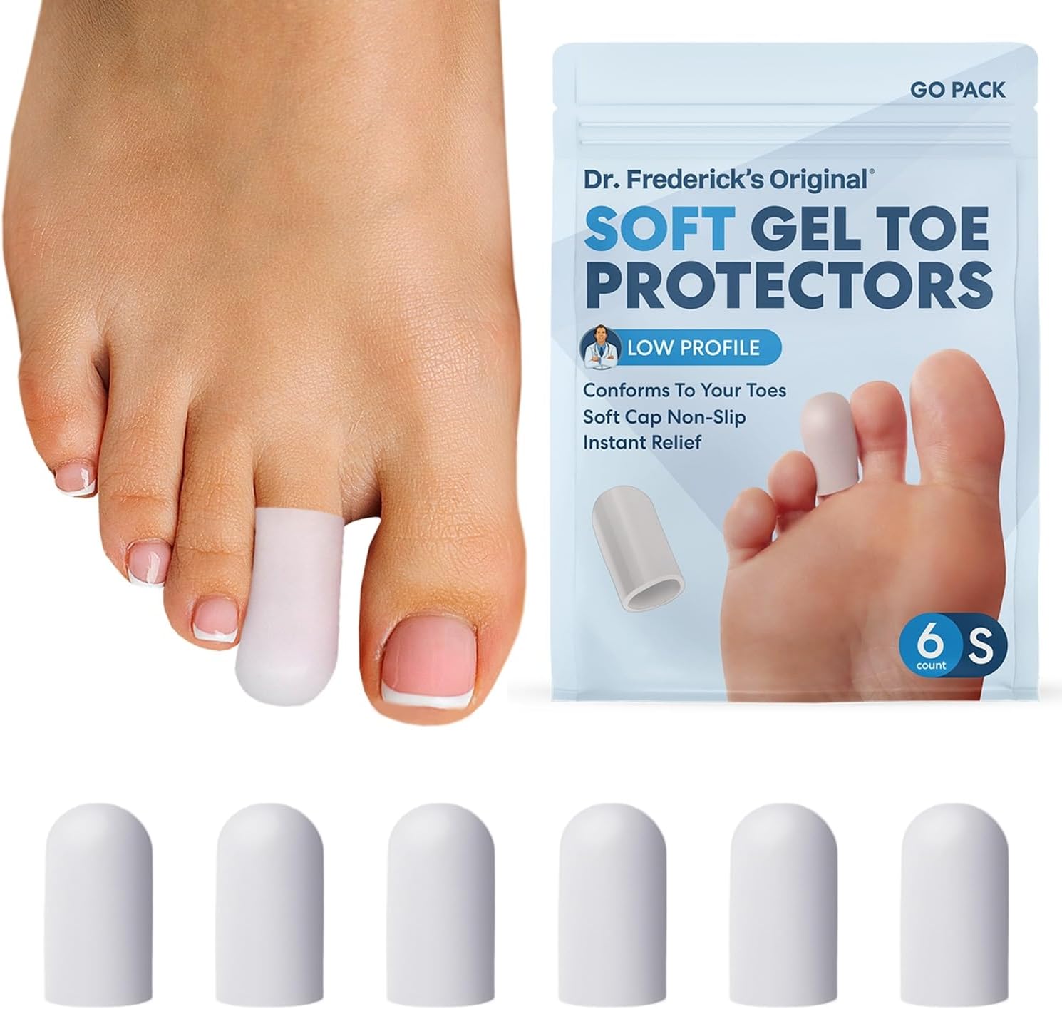 Dr. Frederick's Original Gel Toe Caps - 6 Pieces - Toe Guards for Protection of Ingrown Toenails, Corns, Calluses, Blisters, and More - Small