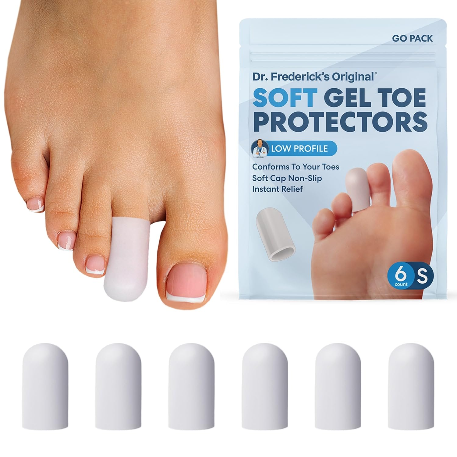 Dr. Frederick’s Original Soft Gel Toe Caps - 6 ct - Doctor-Developed Toe Protectors for Ingrown Toenails, Blisters, Corns & Calluses – Cushioned Toe Sleeves for in-Shoe Comfort - White - Small