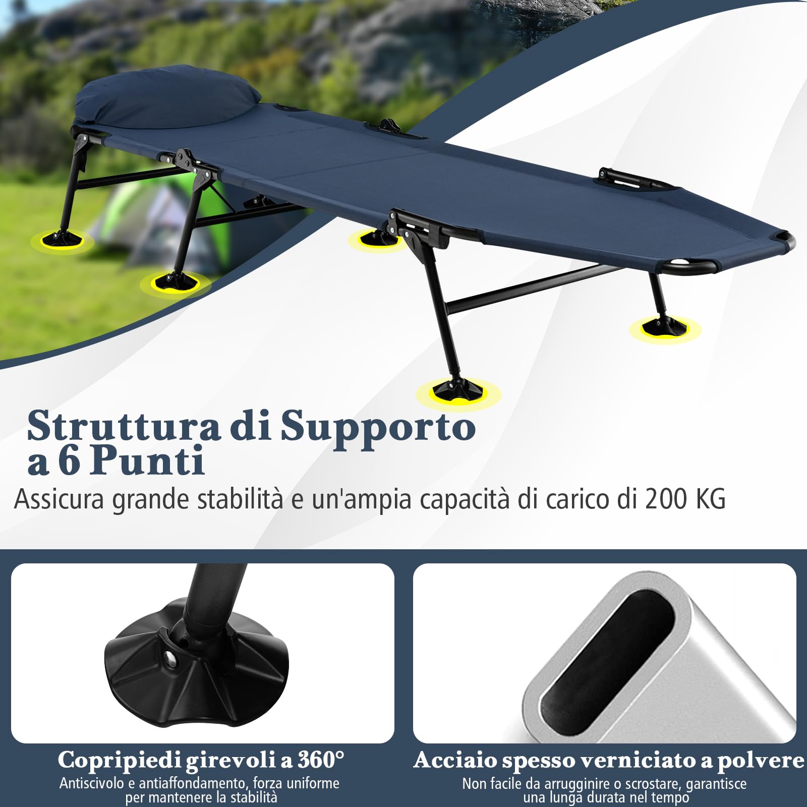COSTWAY Brandina da Campeggio Pieghevole con Materasso Rimovibile, Poggiatesta, Schienale Regolabile in 6 Posizioni e Copripiedi Girevole a 360°, per Campeggio, Ufficio e Ospiti (Blu)