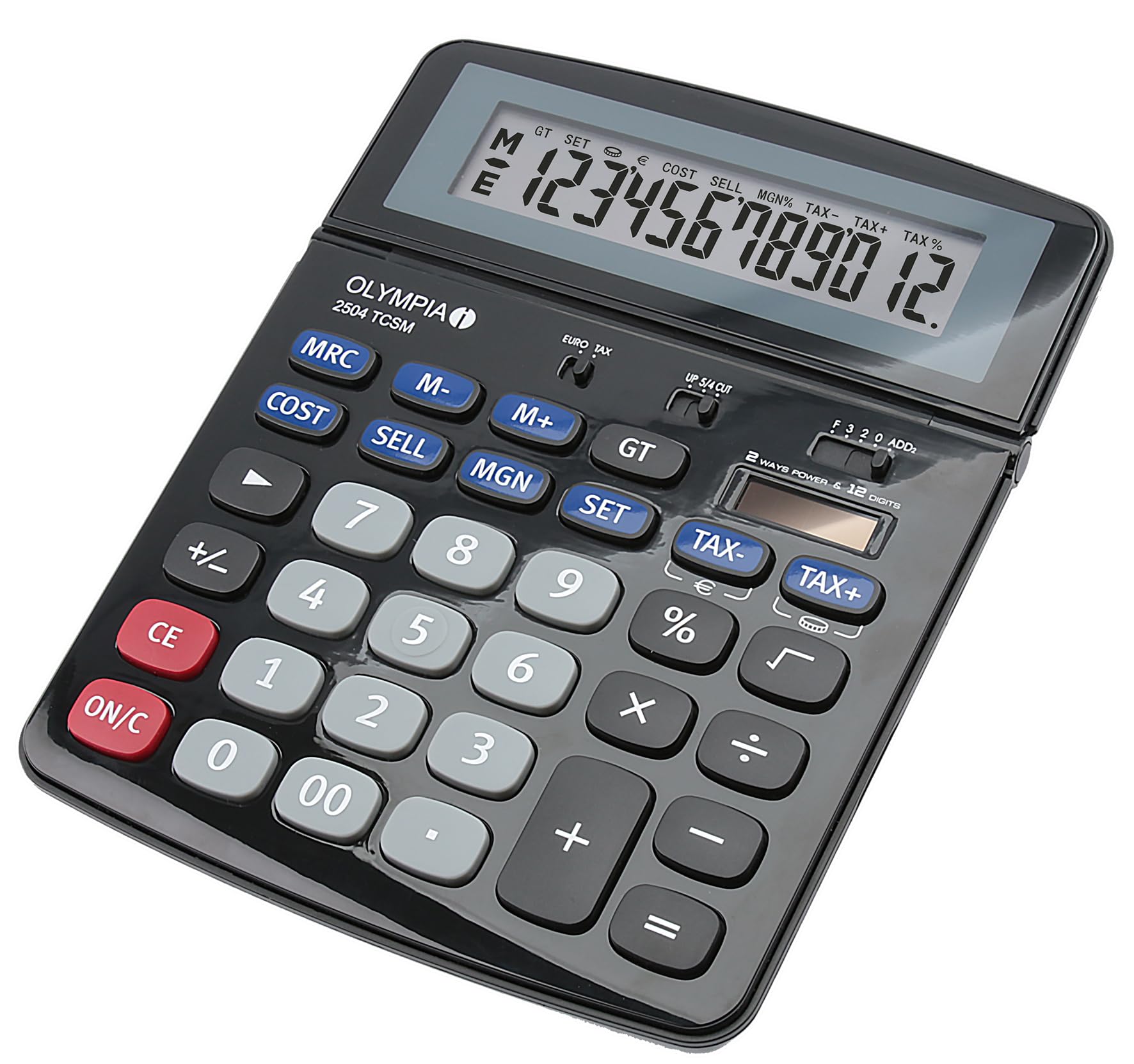 OLYMPIA 2504 TCSM Tischrechner 12-stellig – Finanzrechner mit Solar & Batterie, Tax, Cost Sell Margin, Euro-Umrechnung, Großes Display, Büro Rechner Schwarz Blau Grau