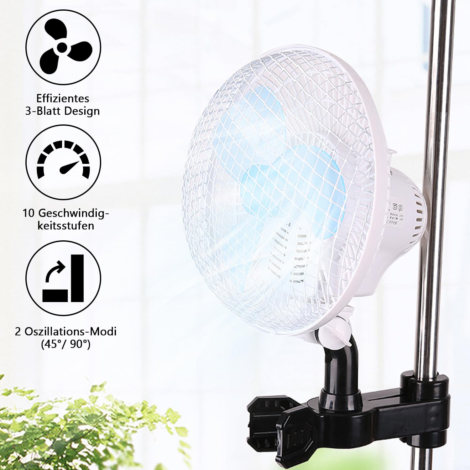 Ventilador con clip de 150 cm para montaje en poste de 1,6 a 2,7 cm, ventiladores de crecimiento oscilantes con cable de 3 m, 39 dB silencioso