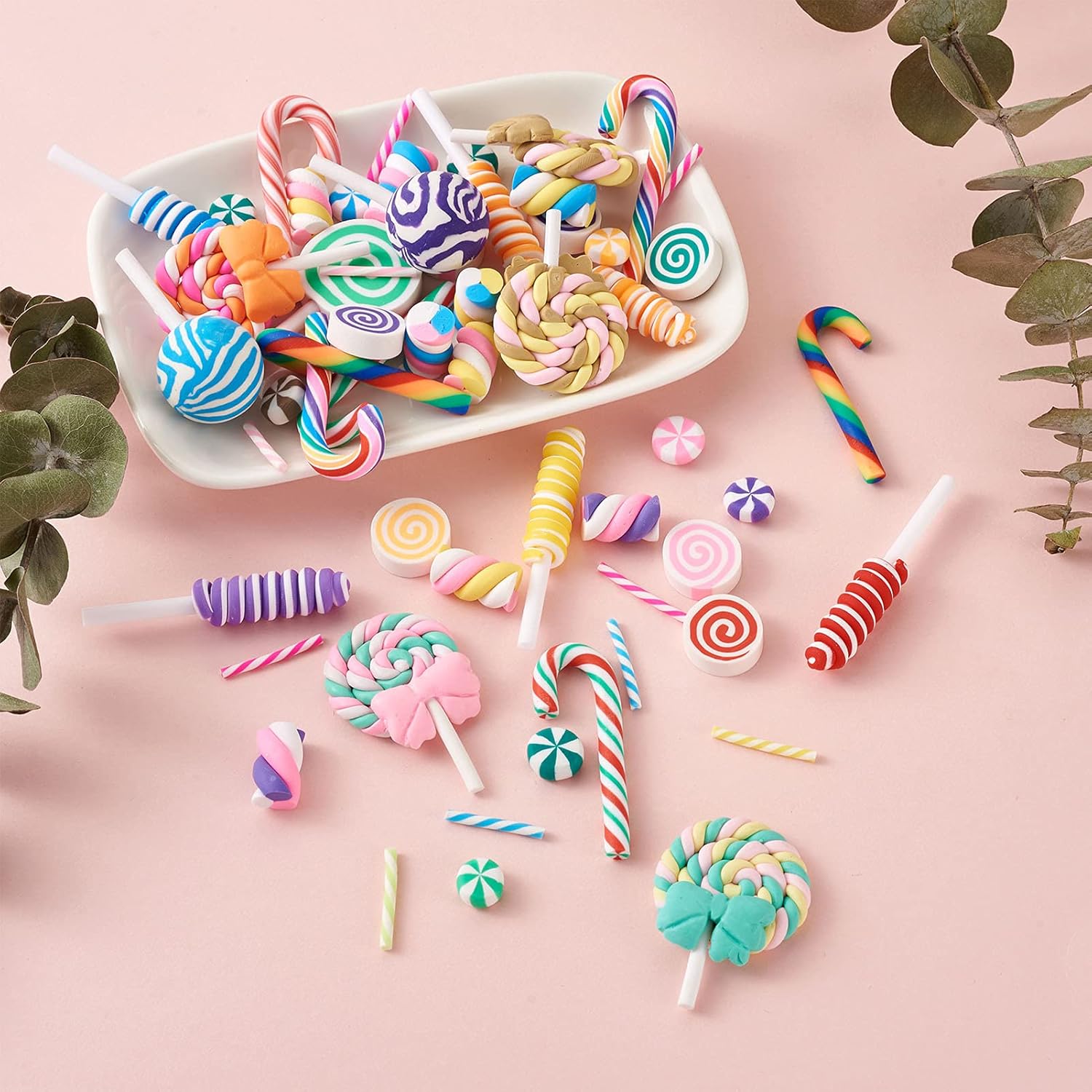 140Pcs Assorted Polymer Clay Candy Sweets Lollipop Marshmallow Charms Colorful Slime Cute Bead Cabochons Embellishments No Hole for DIY Craft Making Ornament Scrapbooking Decoration