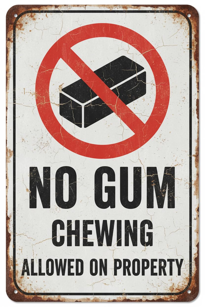 Wall Decor No Chewing Gum Allowed On Property Sign Caution Sign Board Vintage Uv Coated Drilled Holes Aluminum Metal Signboard Advertisement 8x12Inch Signs Plates Printed