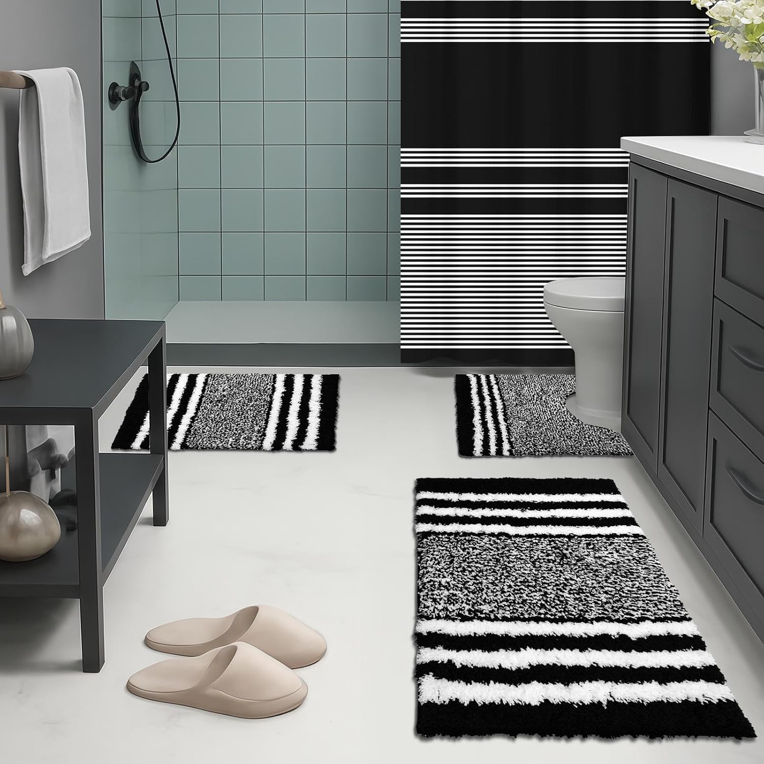 Britimes Black Stripes Bathroom Sets with Shower Curtain and Rugs, Minimalist Striped Modern Waterproof Shower Curtain Liner and Soft Non Slip Bath Mat for Bathroom Decor and Accessories Hooks
