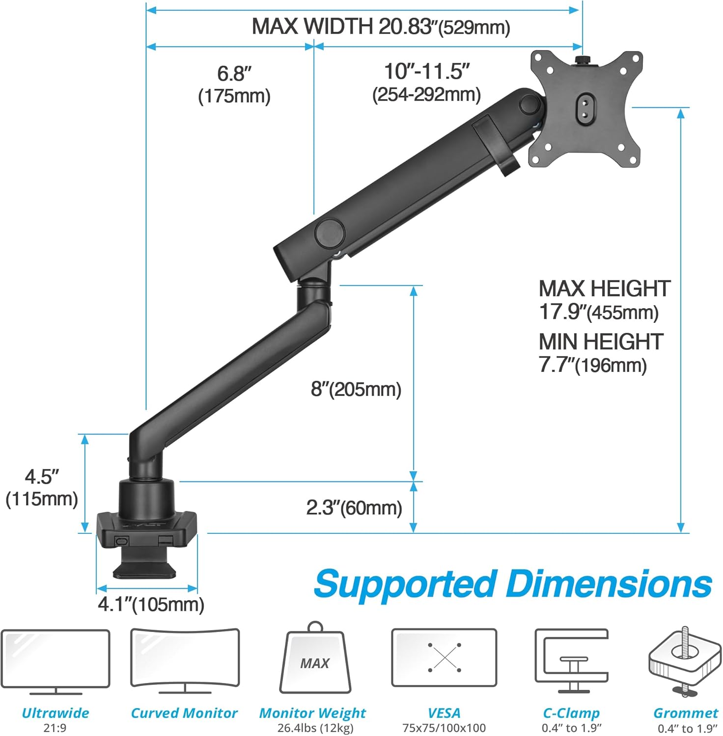 AVLT Single 17"-38" Monitor Arm Desk Top Mount Premium Mechanical Spring Fits Up to 26.4lbs (12kg) Flat/Curved/Ultrawide Monitor Full Motion Height Swivel Tilt Rotation Adjustable, Black