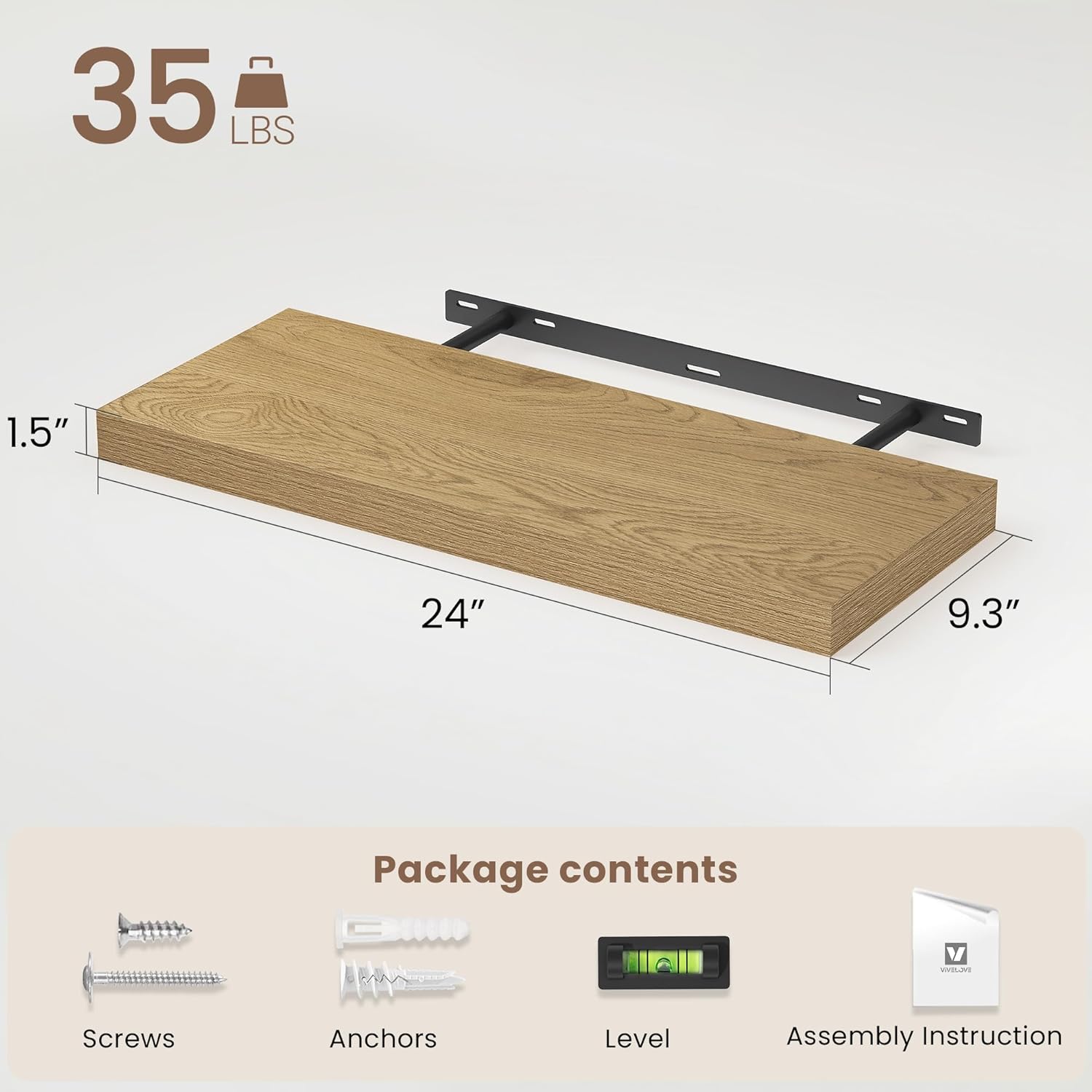 Vivelove 24 Inch Floating Shelves for Wall, 24x9 Display Shelves for Bathroom Living Room Kitchen Bedroom Office Farmhouse Home Decor - Set of 2, Oak