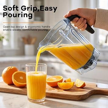 Low-profile 64oz replacement pitcher with broad Vitamix compatibility, clear measurements, secure lid, comfortable handle and pre-installed blade assembly.
