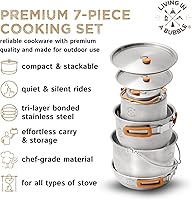 Vista 2 de Living in a Bubble Premium 7-Piece Stainless Steel Cooking Set. Tri-layer Bonded Stainless-Steel - Ergonomic Handles with Silicone Sleeve - Compact