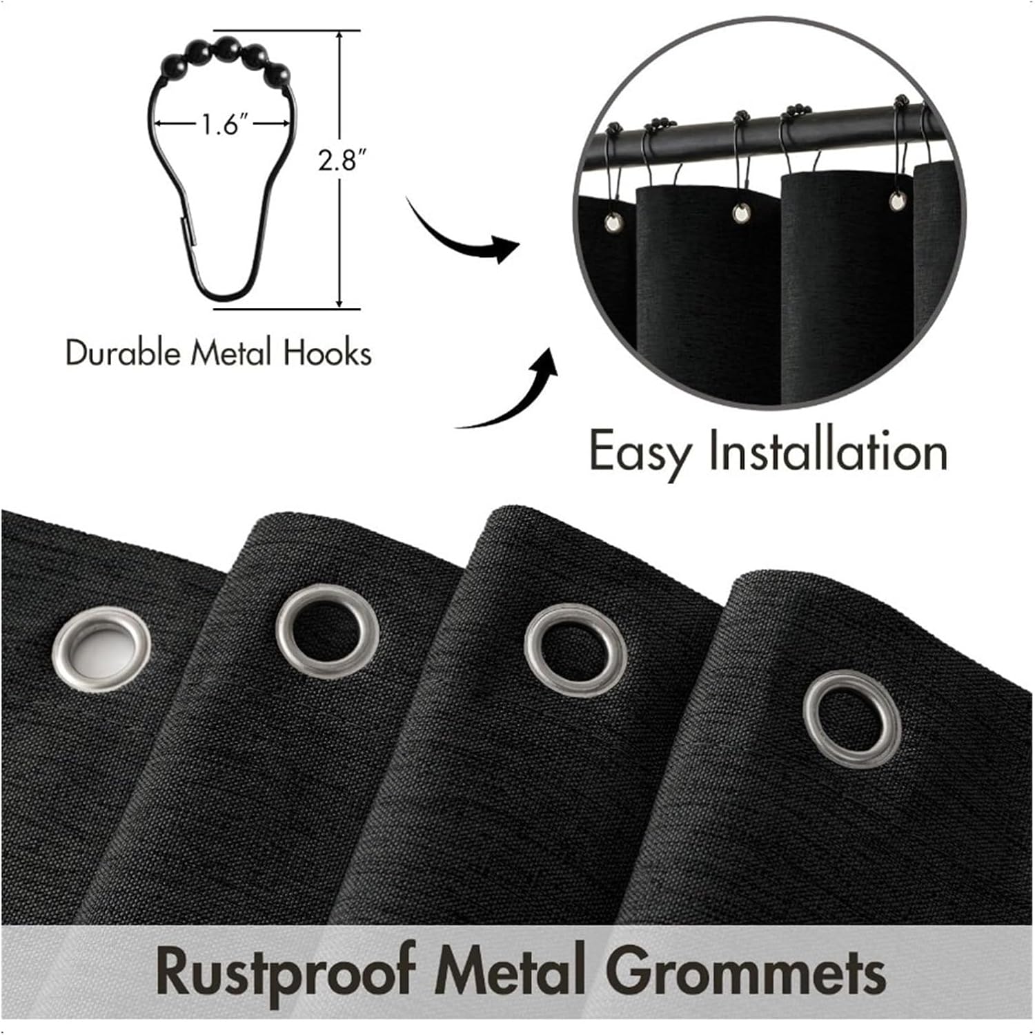 Shower Liner Cloth Waterproof Black Wavy Edge Shower Curtain Bathroom Waterproof Width 200*Height 240cm with Hook