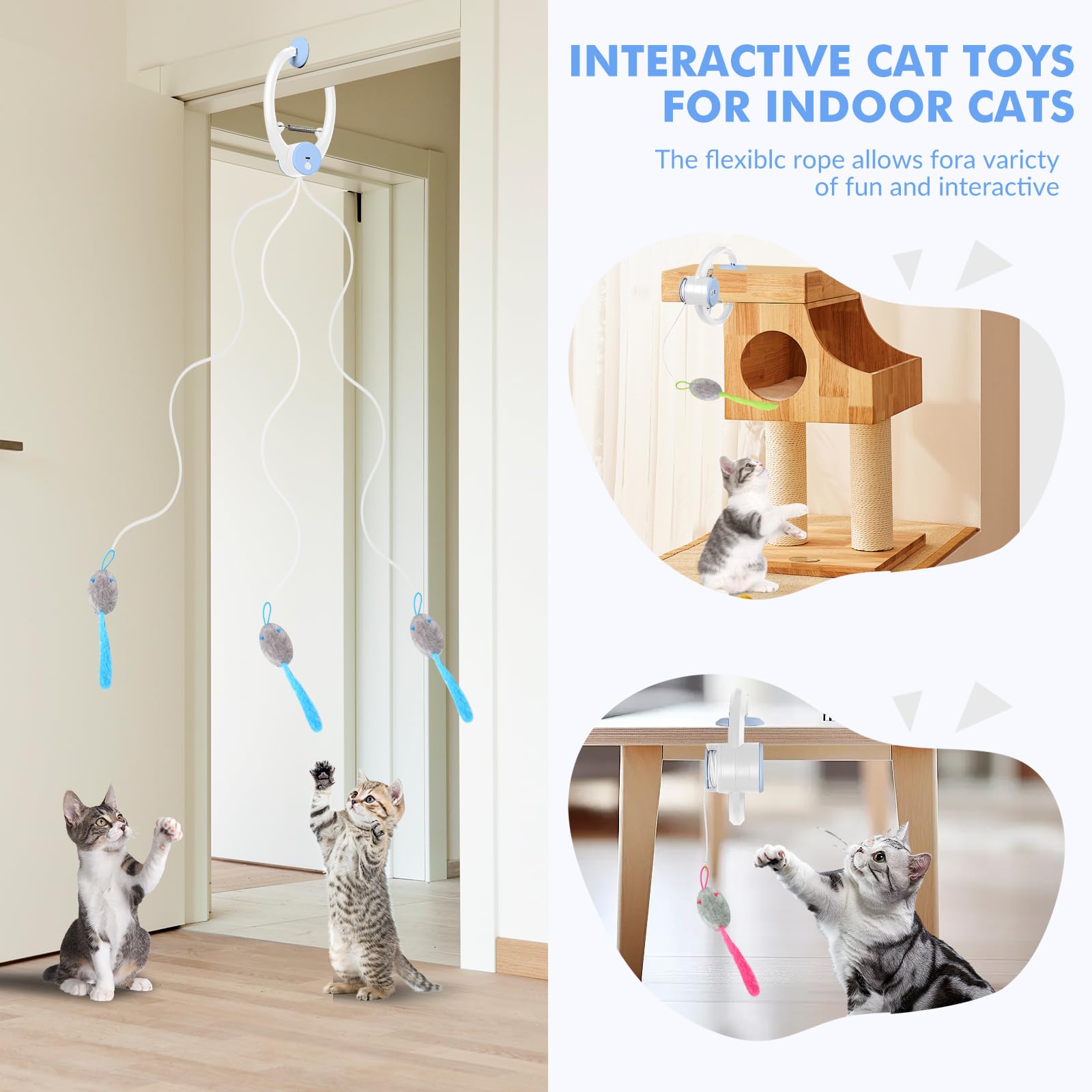 Wortade Interaktives Katzenspielzeug, wiederaufladbar, Federspielzeug für Indoor-Katze, hängendes einziehbares Teaser-Spielzeug, automatisches Kätzchen-Spieljagd, Übungsspielzeug mit drei Plüschmaus