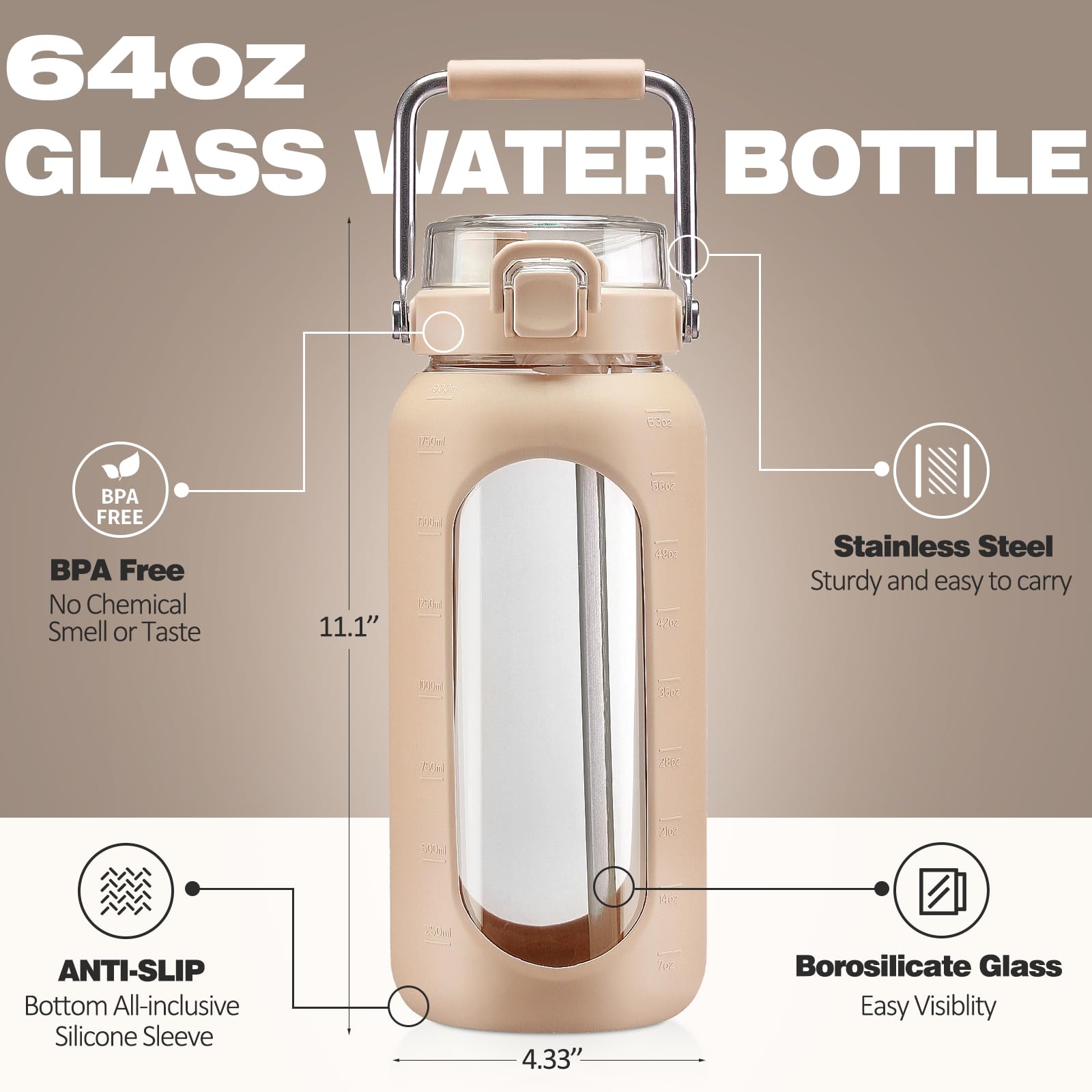HYDRAGLAZIC 2L Bottiglia D'acqua in Vetro Con Cannuccia e Pennarello Motivazionale Bicchiere D'acqua Con Manicotto in Silicone e Coperchio Con Beccuccio largo Senza BPA Prova Diperdite, Colore
