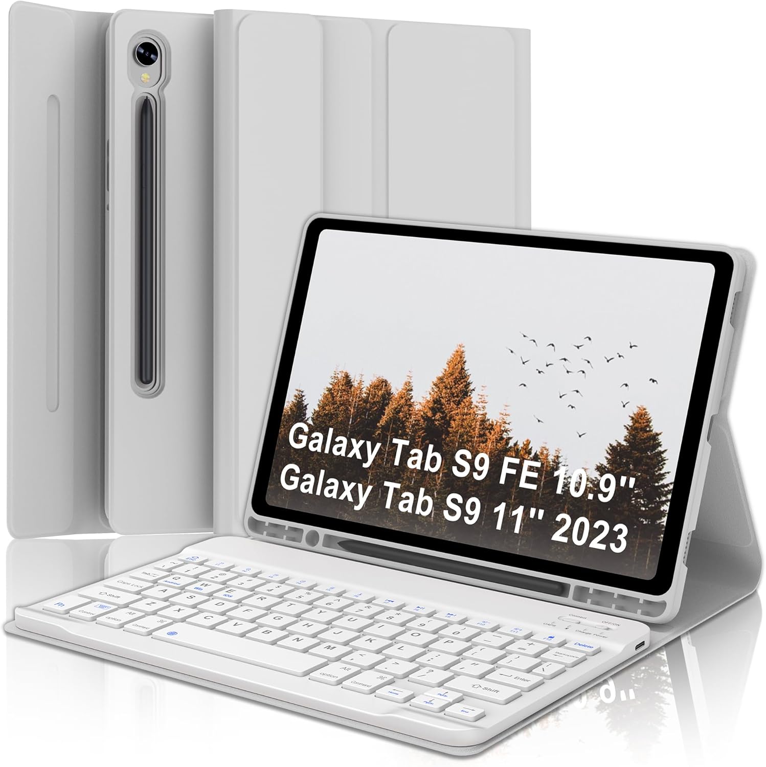 Keyboard Case for Samsung Tab S9 FE/S9 5G 2023, Galaxy Tab S9FE 10.9inch Keyboard with Smart Case, Magnetic Bluetooth Key Board for Samsung S9 11in Tablet, Slim Folio Case with Pen Holder, Gray White