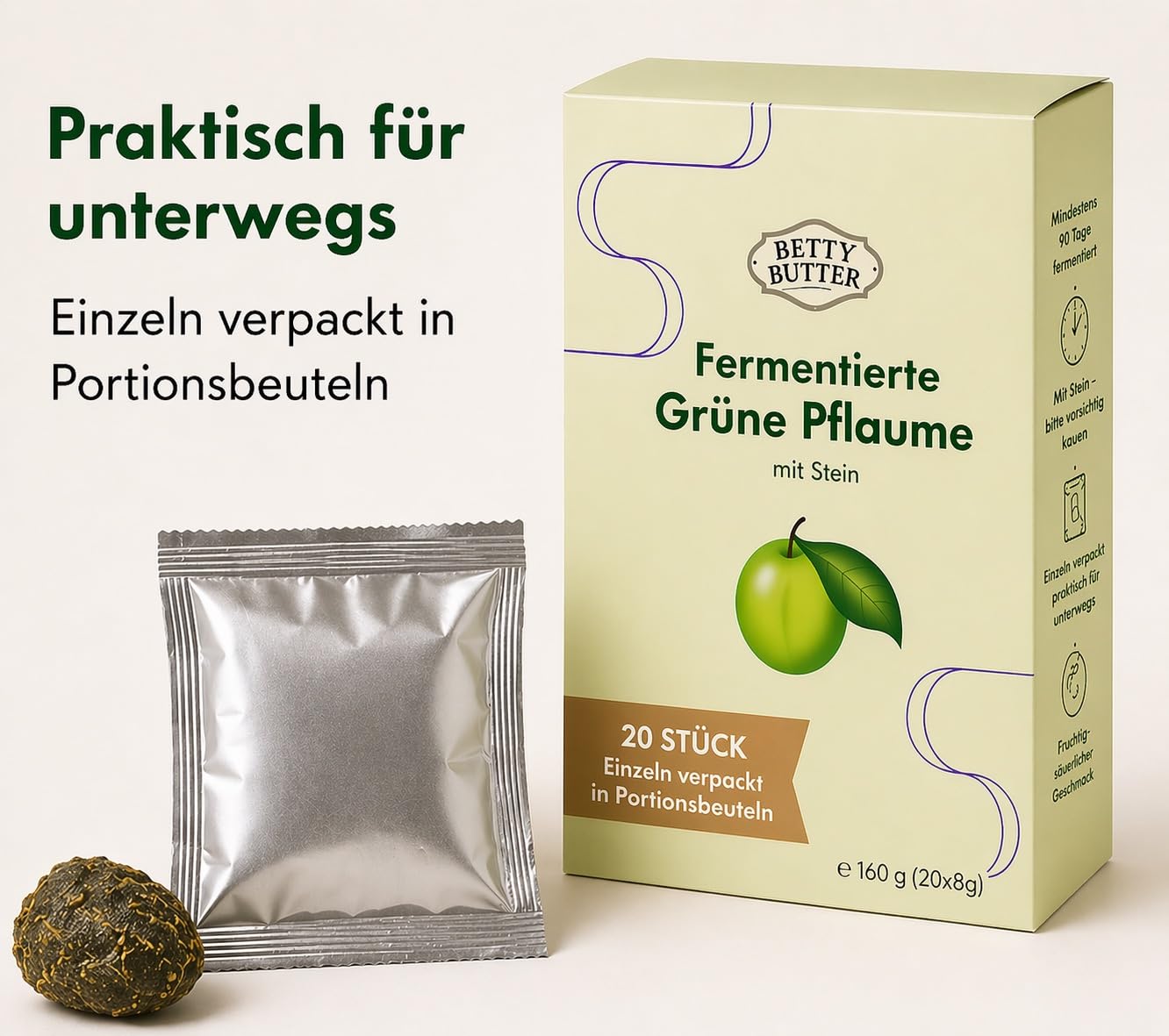 Fermentierte grüne Pflaume mit Stein, 20 Portionsbeutel à 8 g (160 g), fruchtig-säuerlicher Snack mit Matcha-Grünteepulver