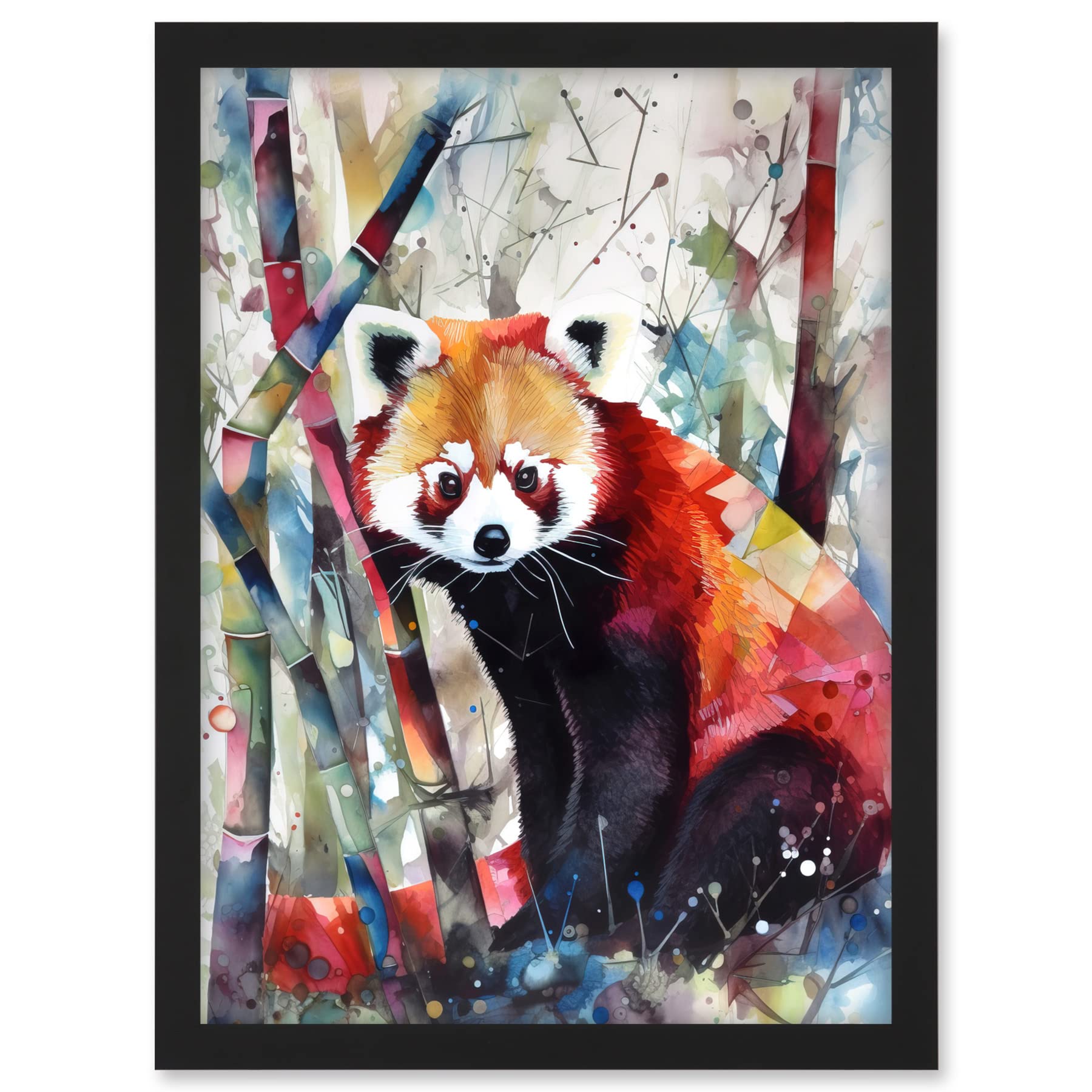 Artery8 Red Panda In Bamboo Forest Folk Art Artwork Framed A3 Wall Art Print