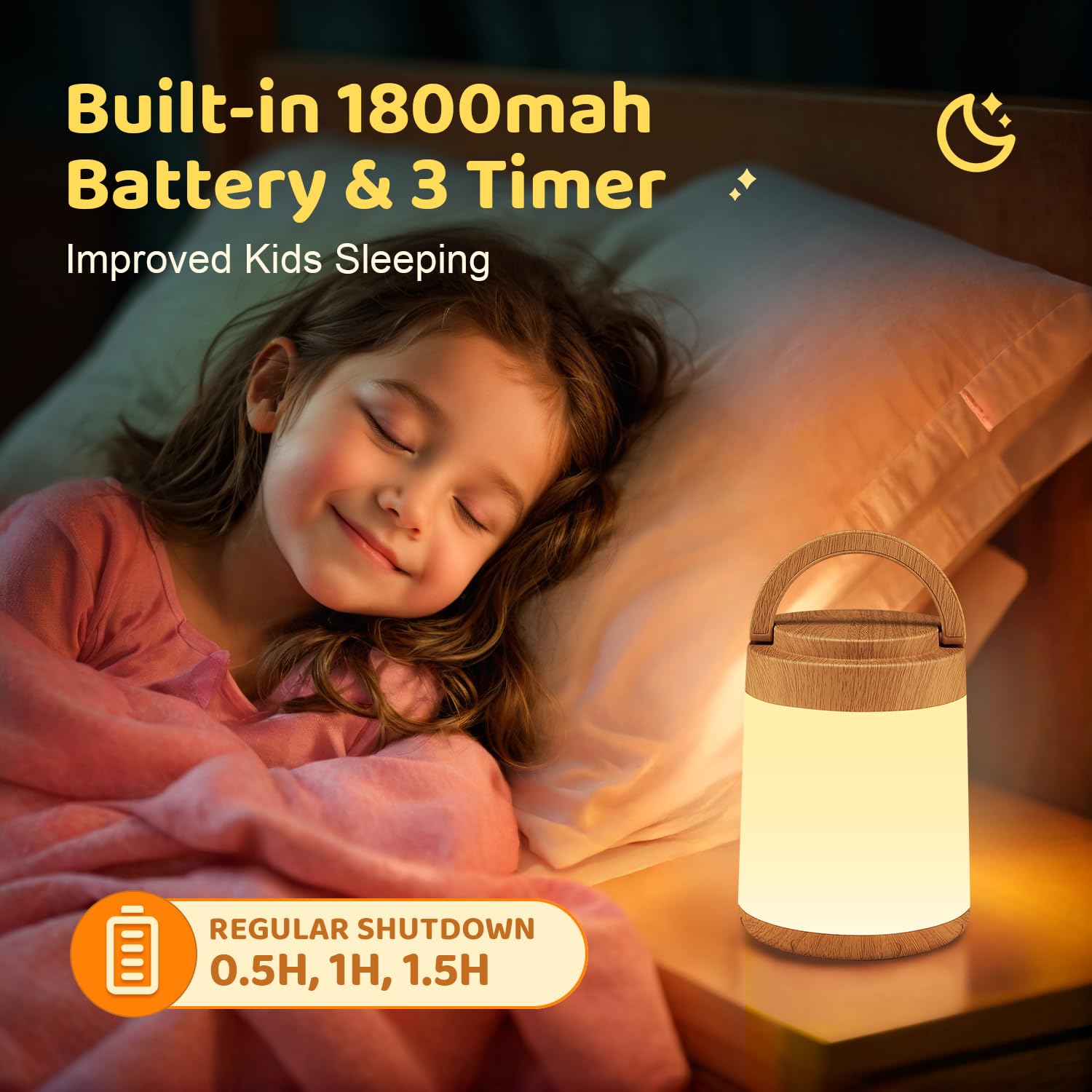 Luce Notturna Bambini, 10 Colori Dimmerabile Lampada Notturna per Bambini, Ricaricabile Lampade da Comodino,Telecomando+Timer Lampada Touch Lampada a Batteria Portatile[Colore Della Grana del Legno]