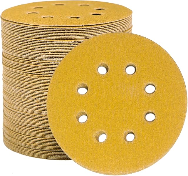 STEBRUAM 100pcs 125mm sanding discs, Sanding Discs Pads for Random Orbital Sander pads and All Oscillating Tools, yellow sanding discs 125mm Hook and Loop 100 Grit 8 Hole 5 Inch Round